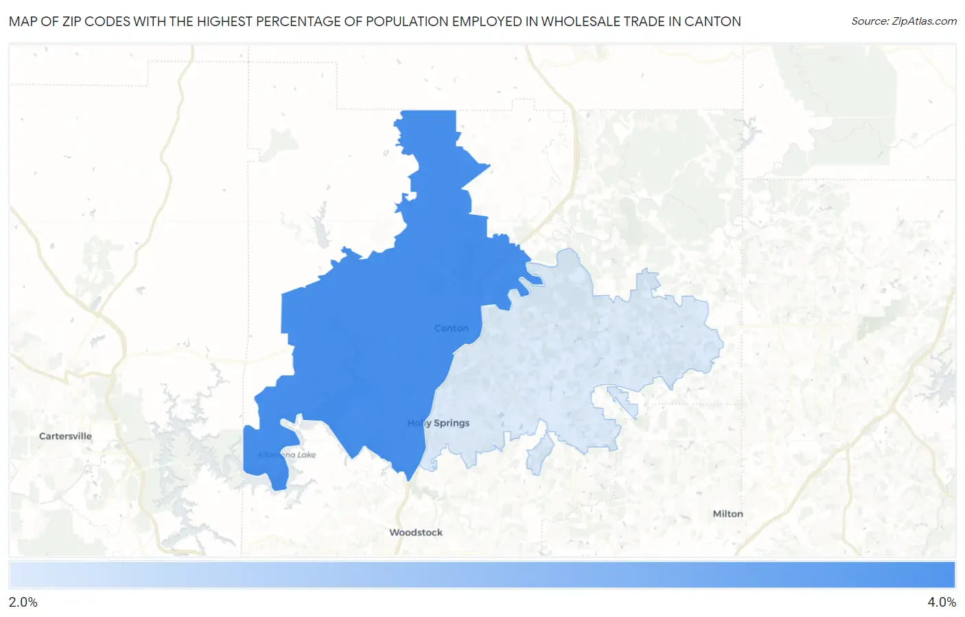 Zip Codes with the Highest Percentage of Population Employed in Wholesale Trade in Canton Map