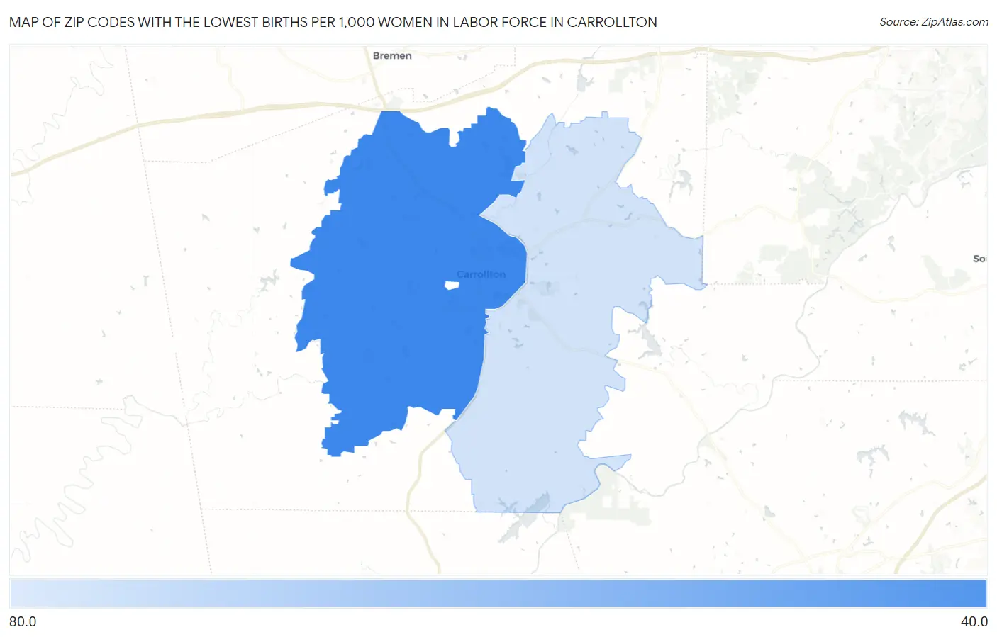 Zip Codes with the Lowest Births per 1,000 Women in Labor Force in Carrollton Map