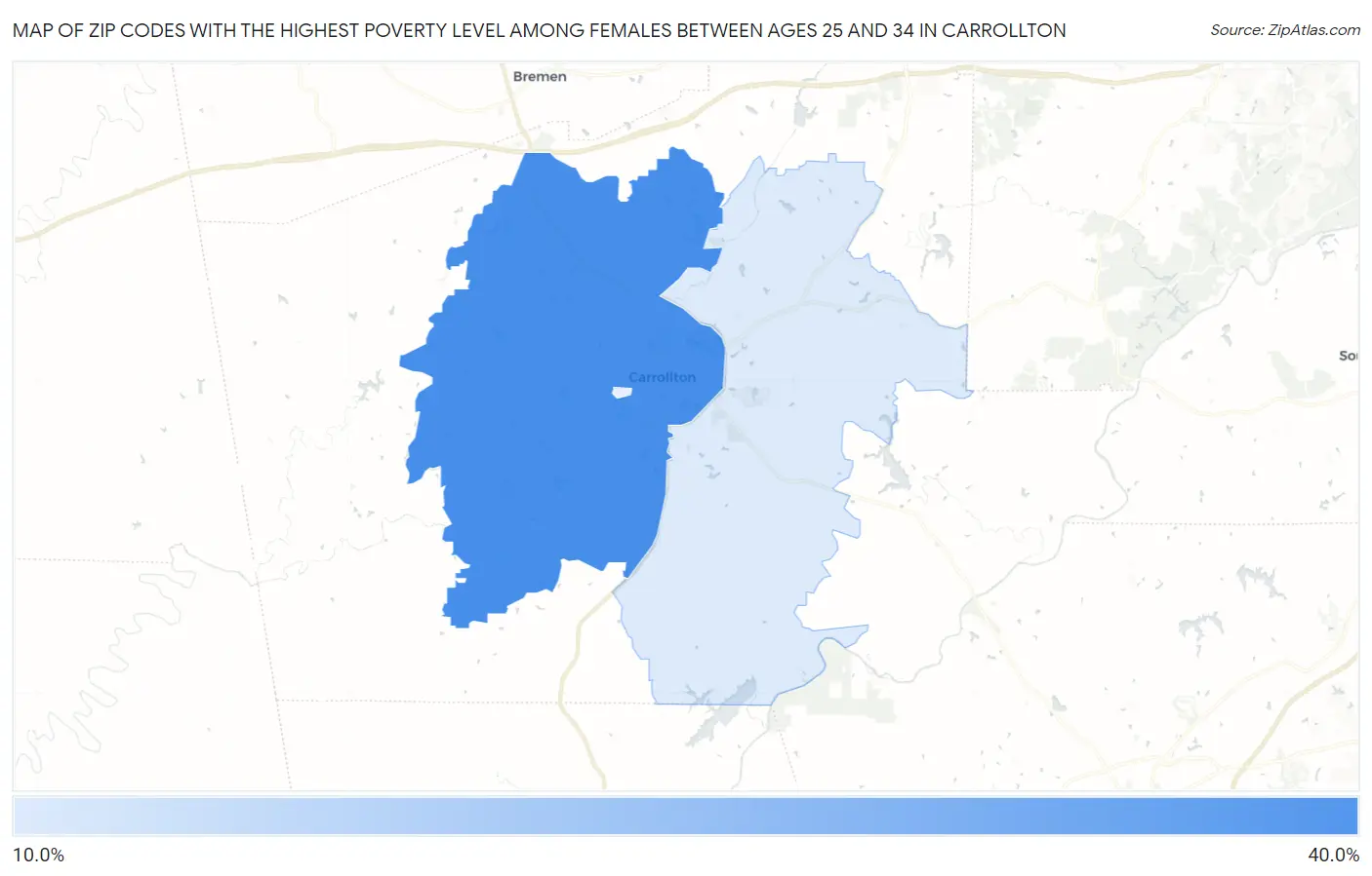 Zip Codes with the Highest Poverty Level Among Females Between Ages 25 and 34 in Carrollton Map