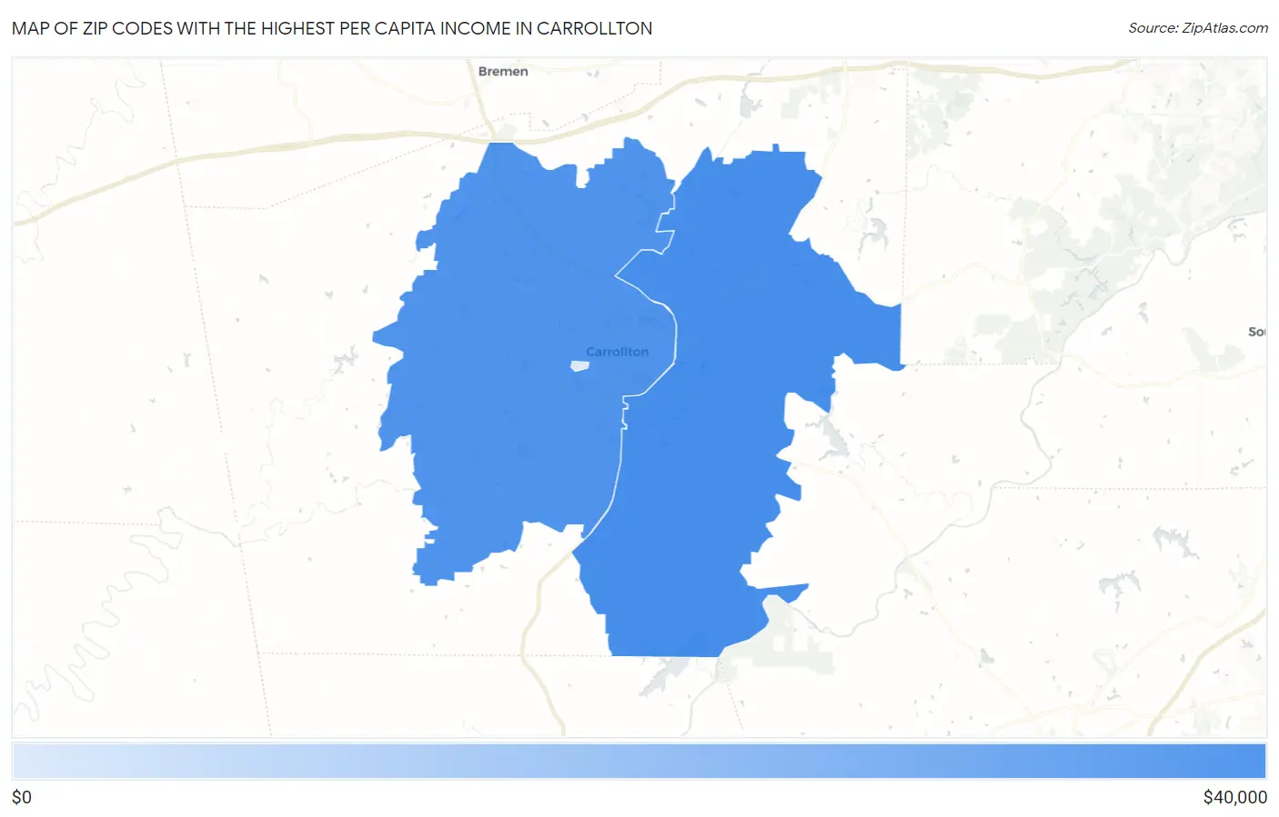 Zip Codes with the Highest Per Capita Income in Carrollton Map