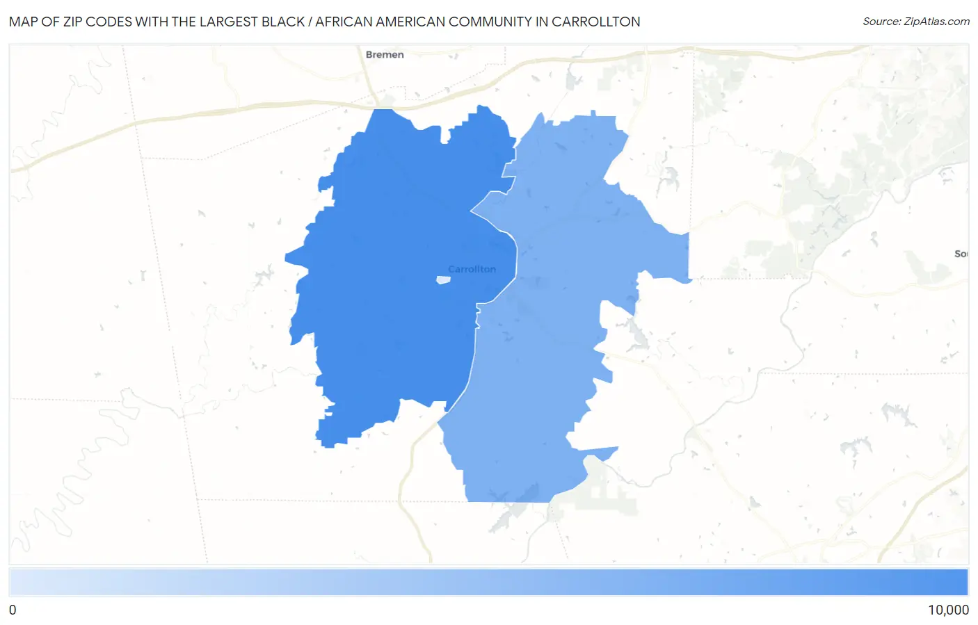 Zip Codes with the Largest Black / African American Community in Carrollton Map