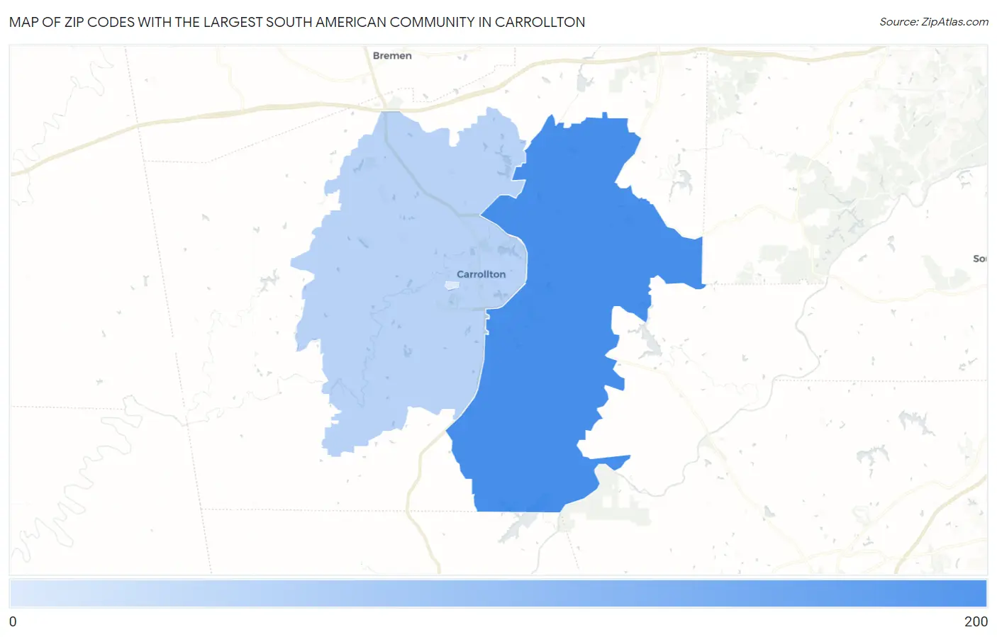 Zip Codes with the Largest South American Community in Carrollton Map
