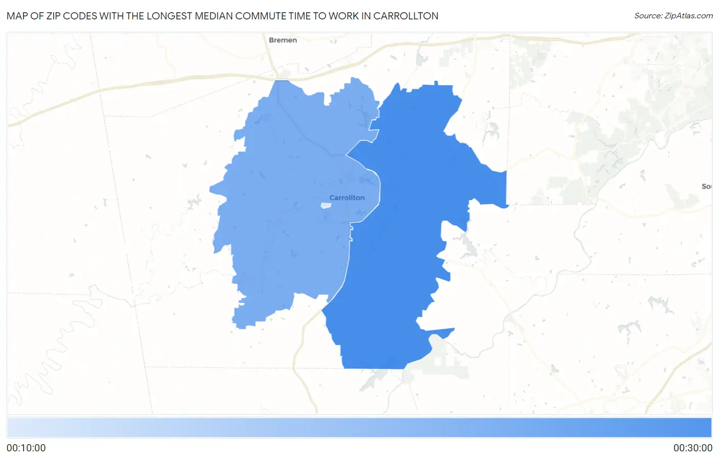 Zip Codes with the Longest Median Commute Time to Work in Carrollton Map
