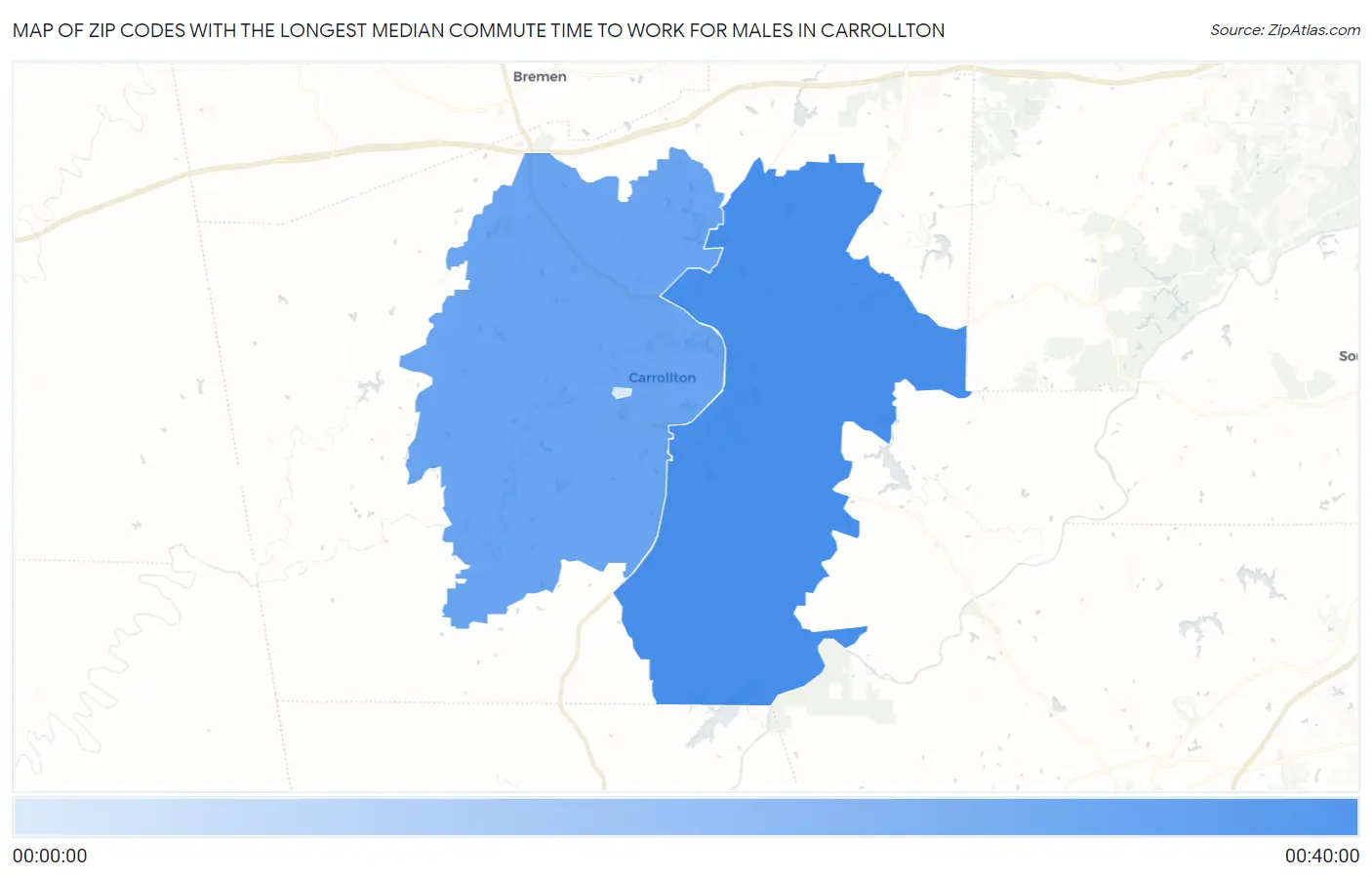 Zip Codes with the Longest Median Commute Time to Work for Males in Carrollton Map