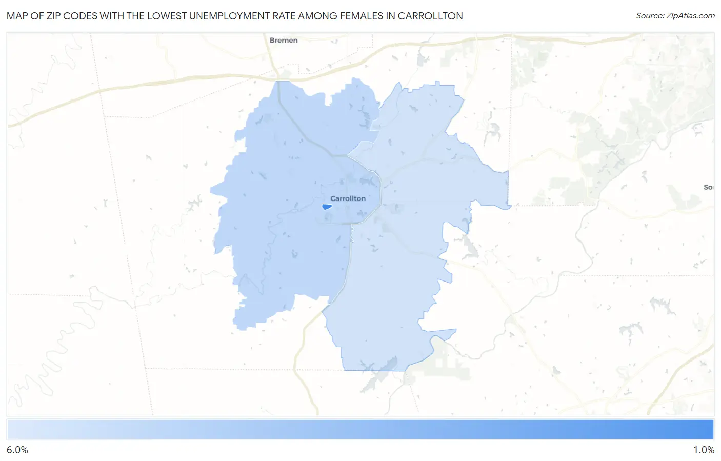 Zip Codes with the Lowest Unemployment Rate Among Females in Carrollton Map