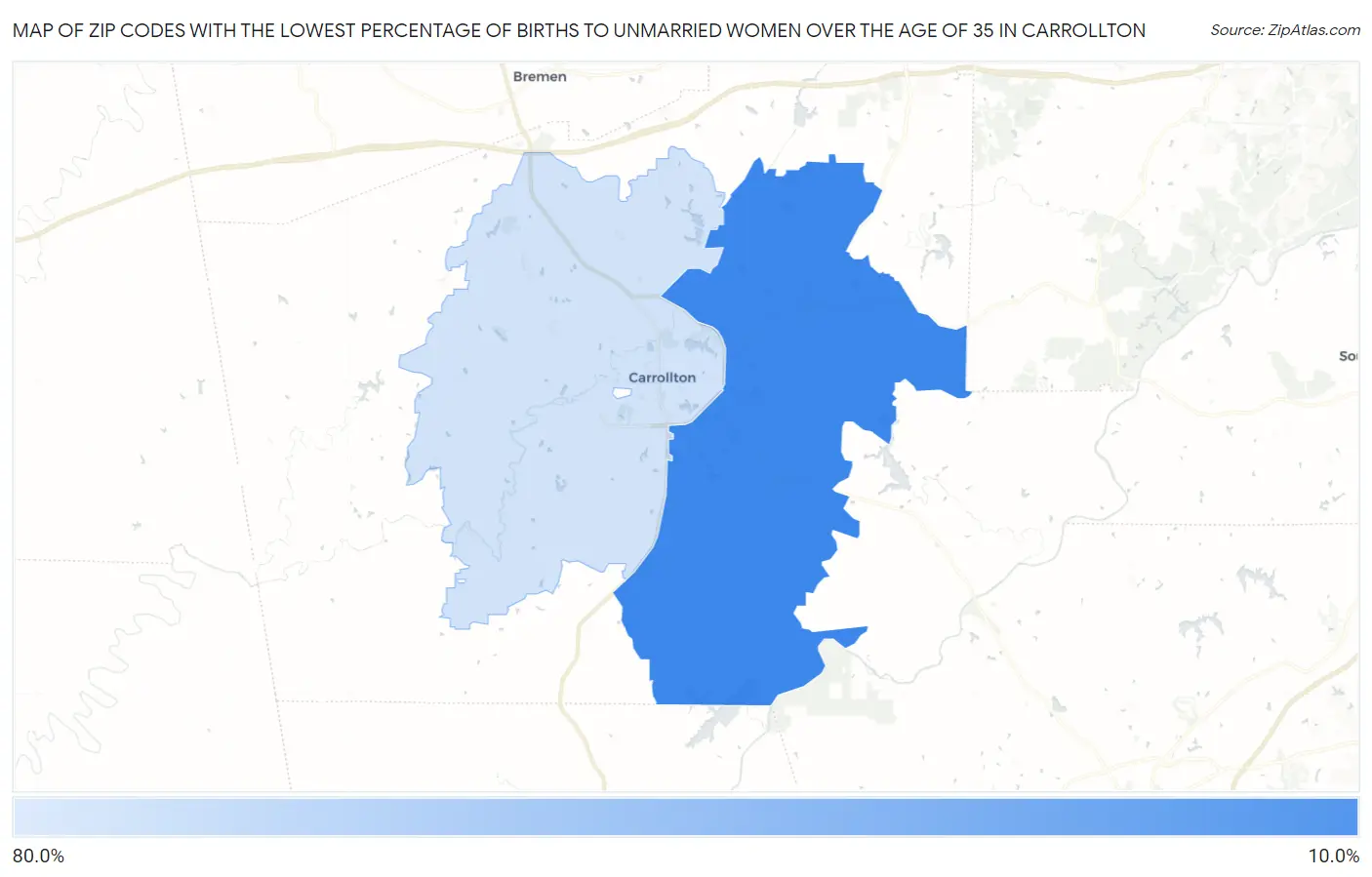 Zip Codes with the Lowest Percentage of Births to Unmarried Women over the Age of 35 in Carrollton Map