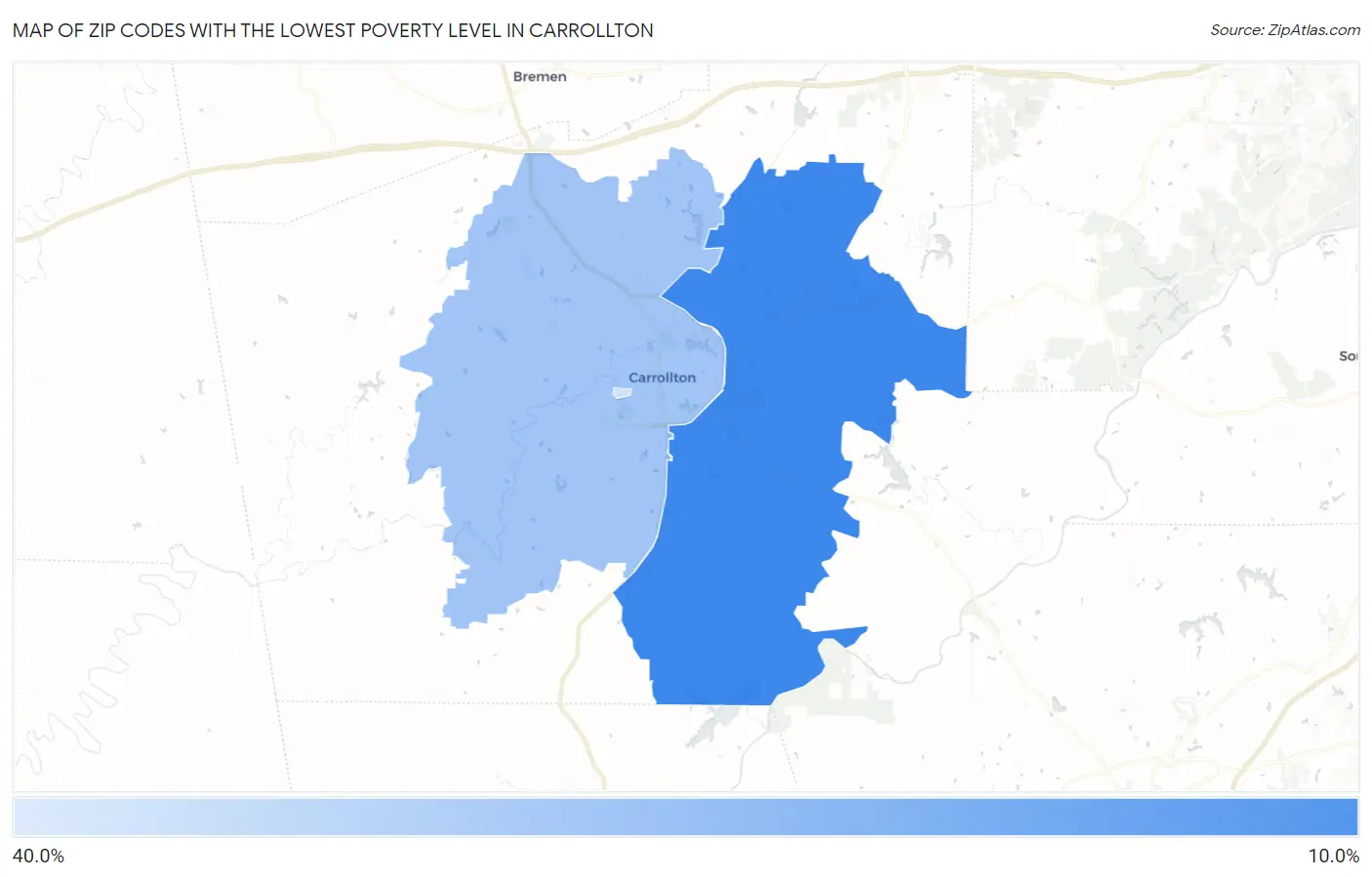 Zip Codes with the Lowest Poverty Level in Carrollton Map