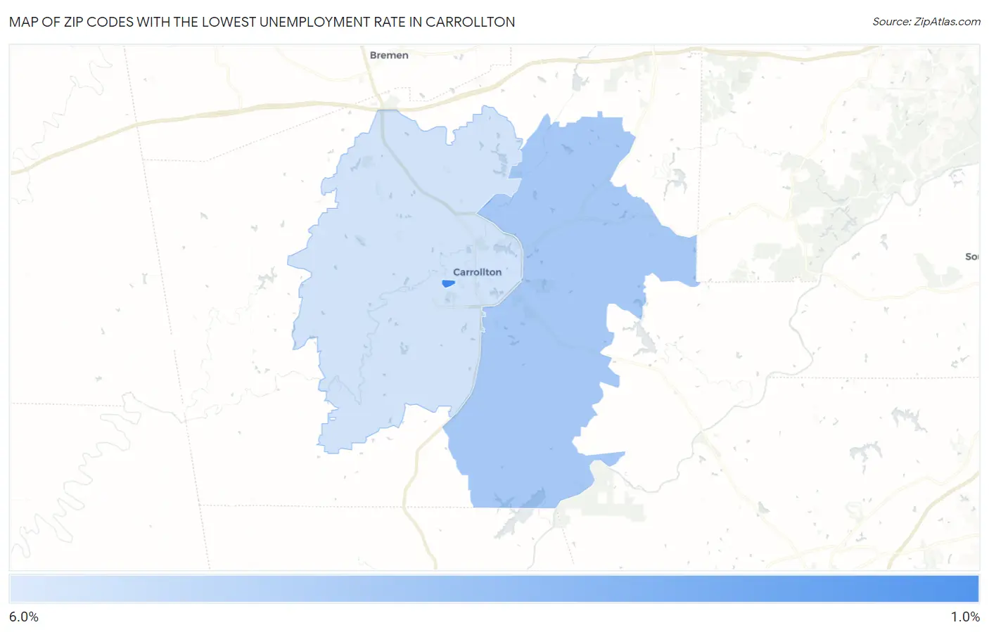 Zip Codes with the Lowest Unemployment Rate in Carrollton Map
