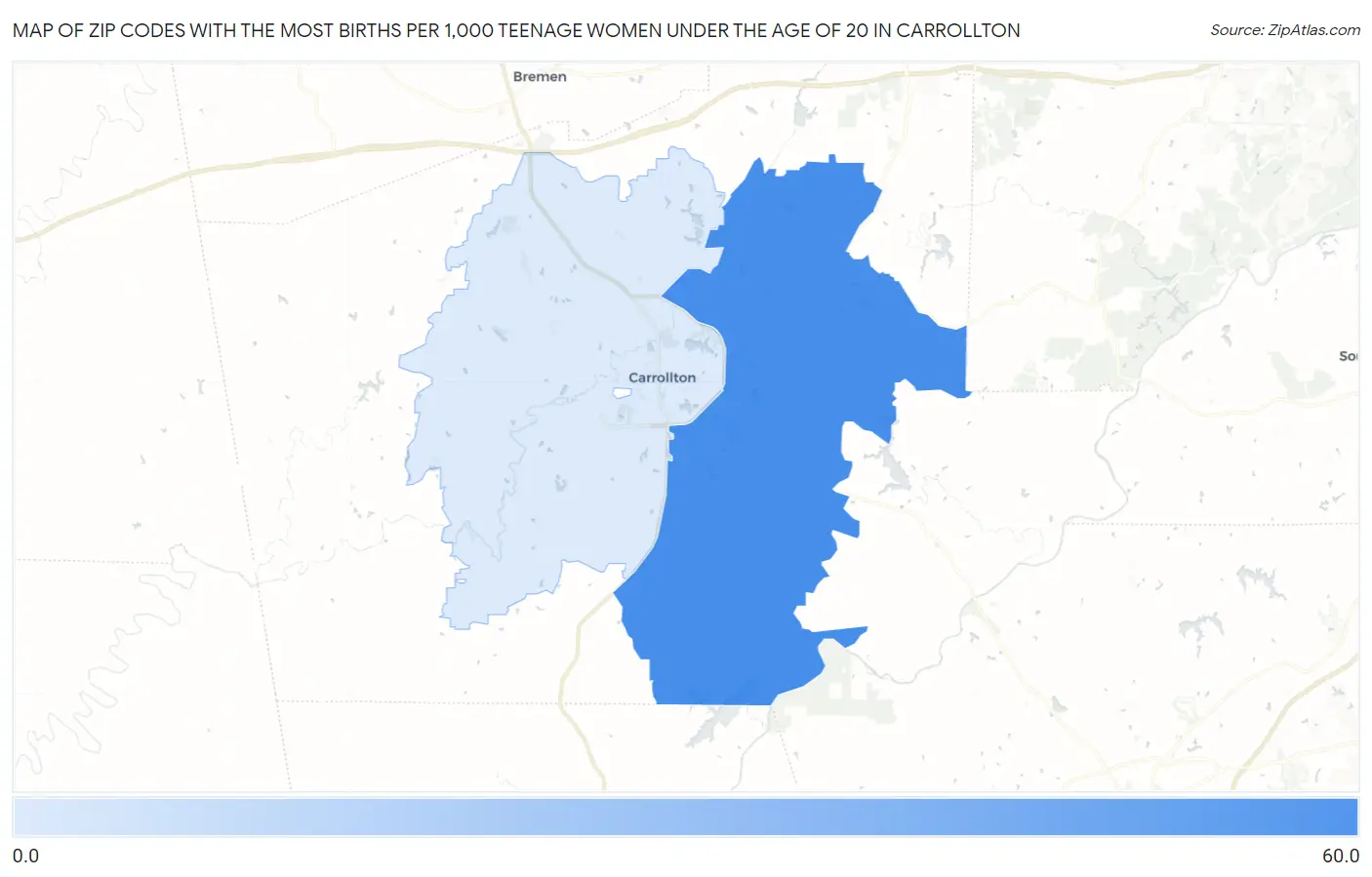 Zip Codes with the Most Births per 1,000 Teenage Women Under the Age of 20 in Carrollton Map