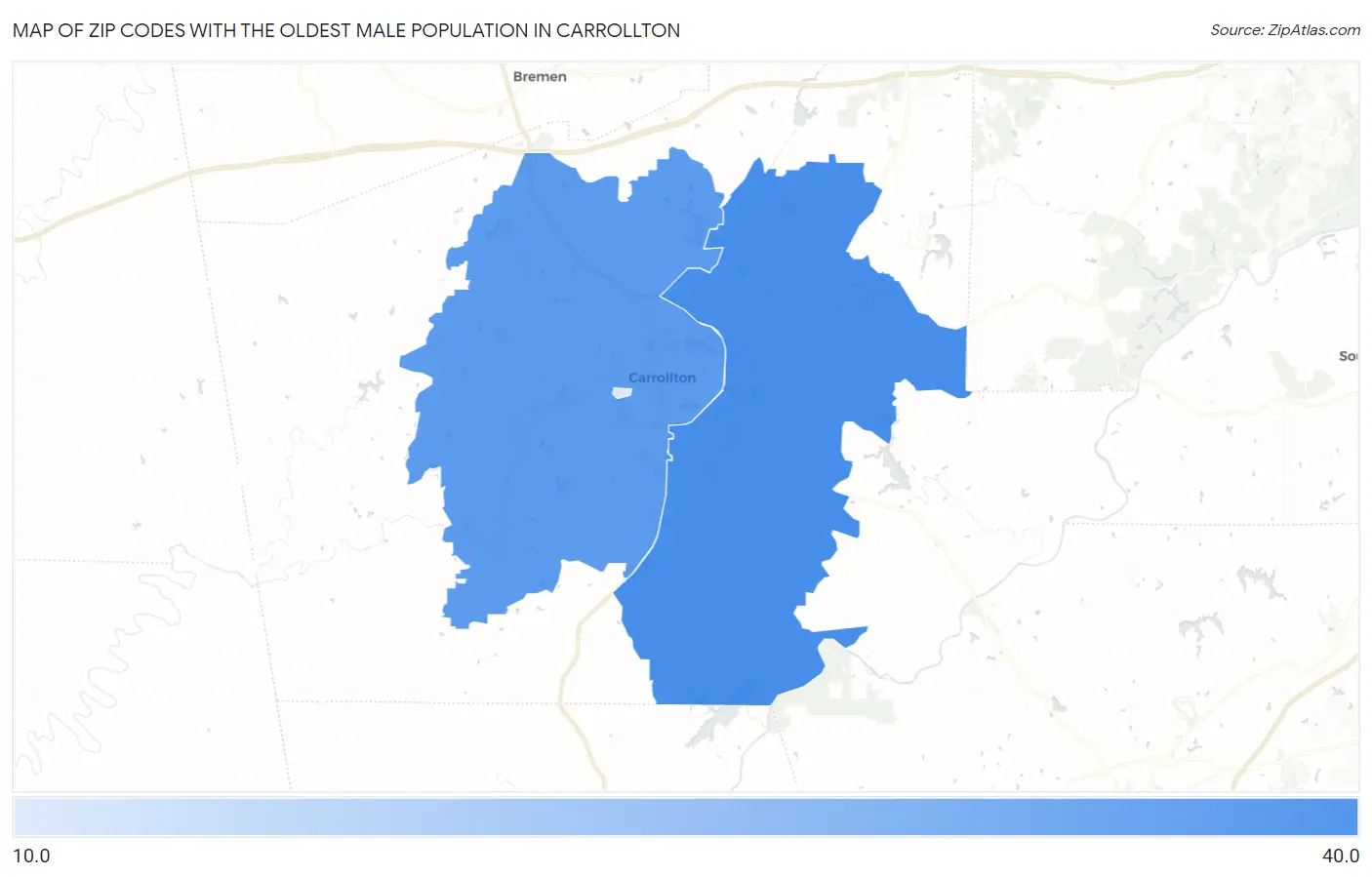 Zip Codes with the Oldest Male Population in Carrollton Map