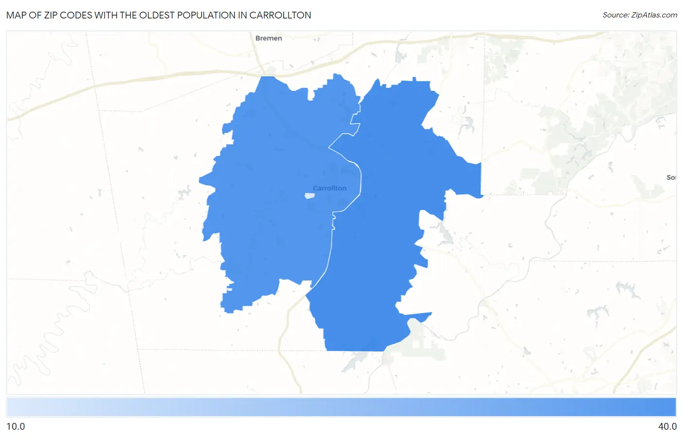Zip Codes with the Oldest Population in Carrollton Map