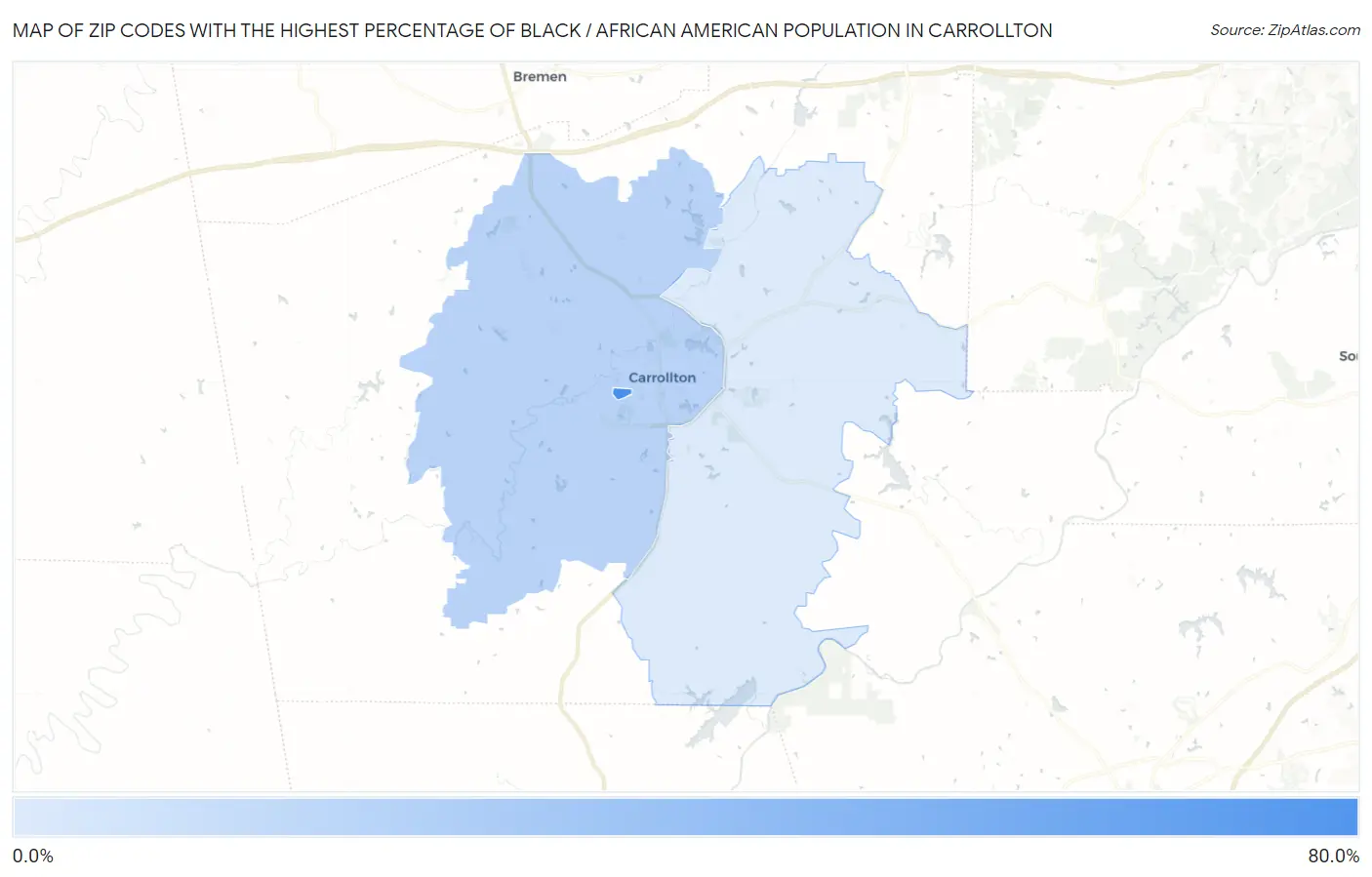 Zip Codes with the Highest Percentage of Black / African American Population in Carrollton Map