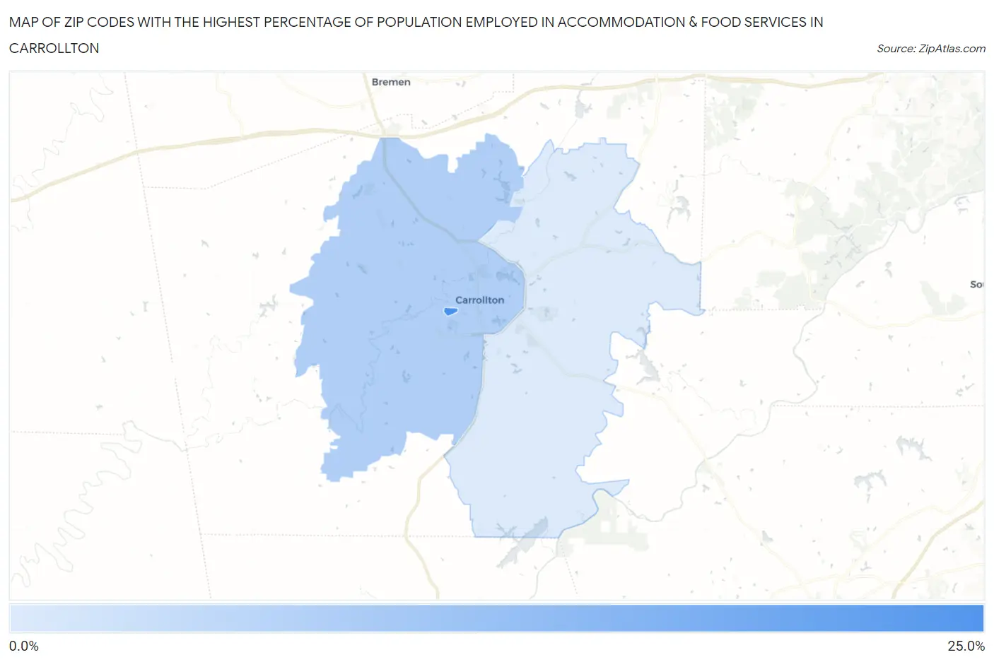 Zip Codes with the Highest Percentage of Population Employed in Accommodation & Food Services in Carrollton Map