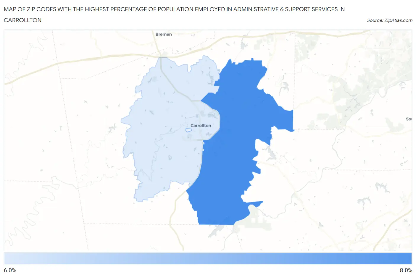 Zip Codes with the Highest Percentage of Population Employed in Administrative & Support Services in Carrollton Map