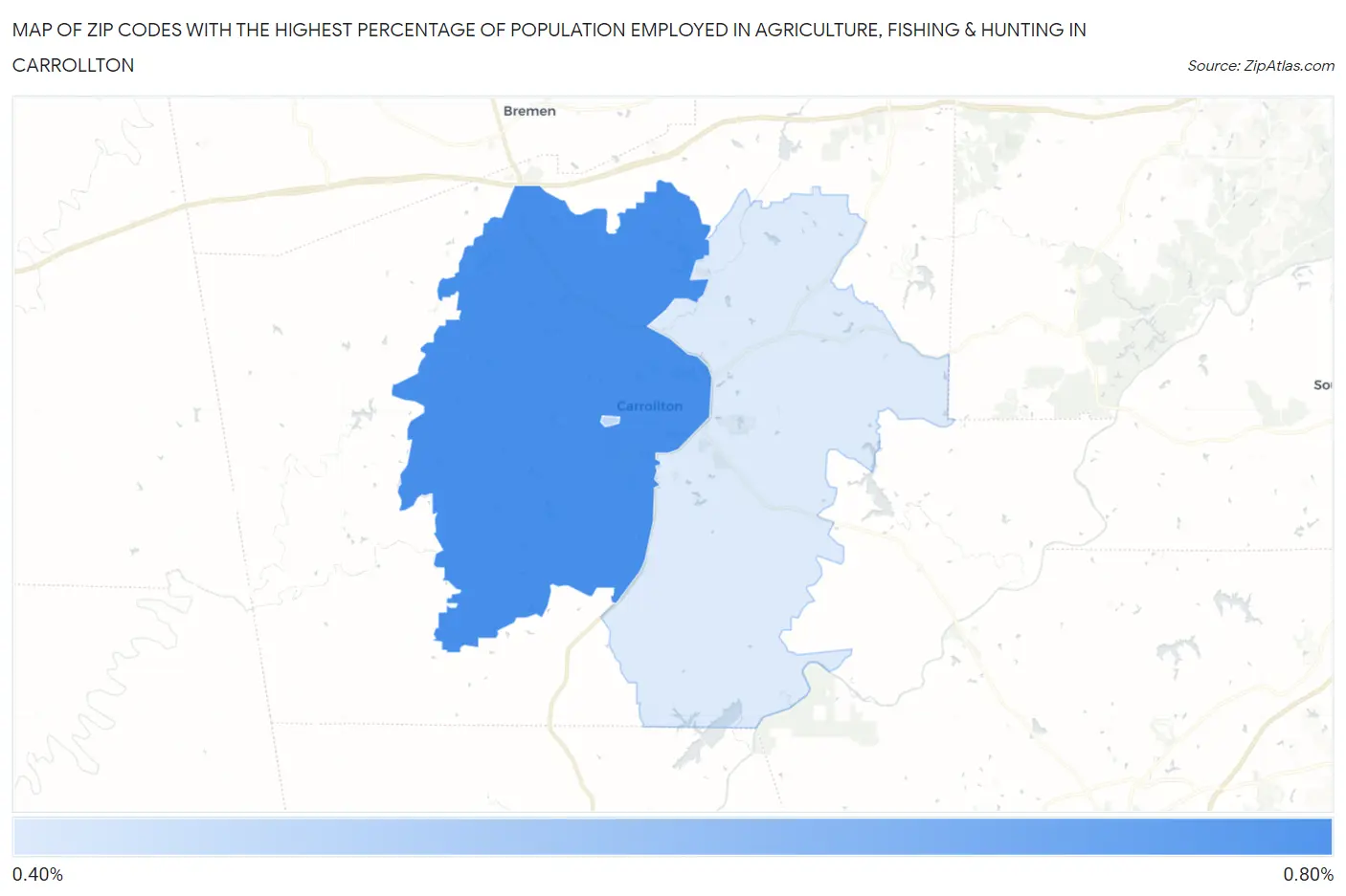 Zip Codes with the Highest Percentage of Population Employed in Agriculture, Fishing & Hunting in Carrollton Map