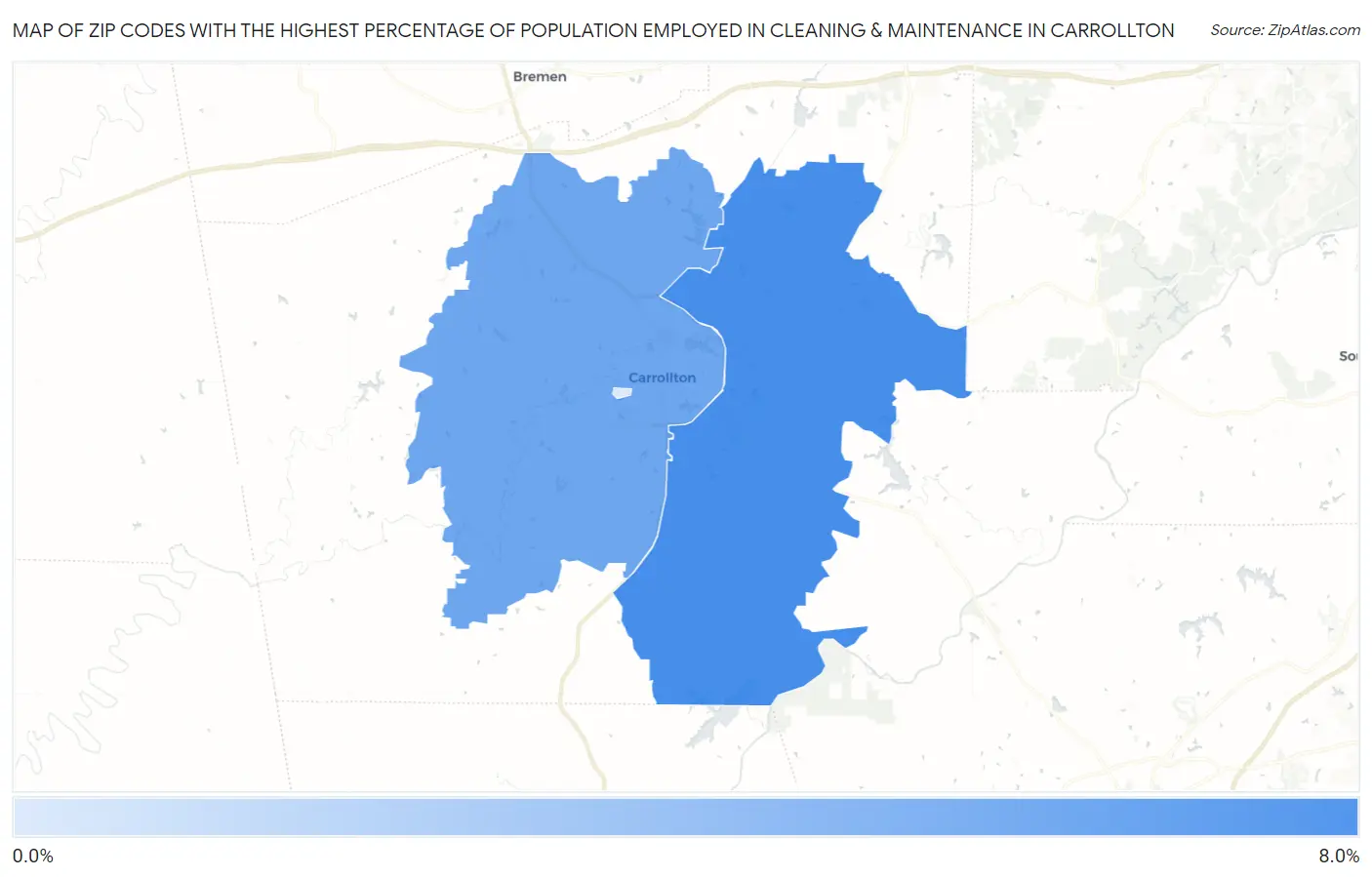 Zip Codes with the Highest Percentage of Population Employed in Cleaning & Maintenance in Carrollton Map