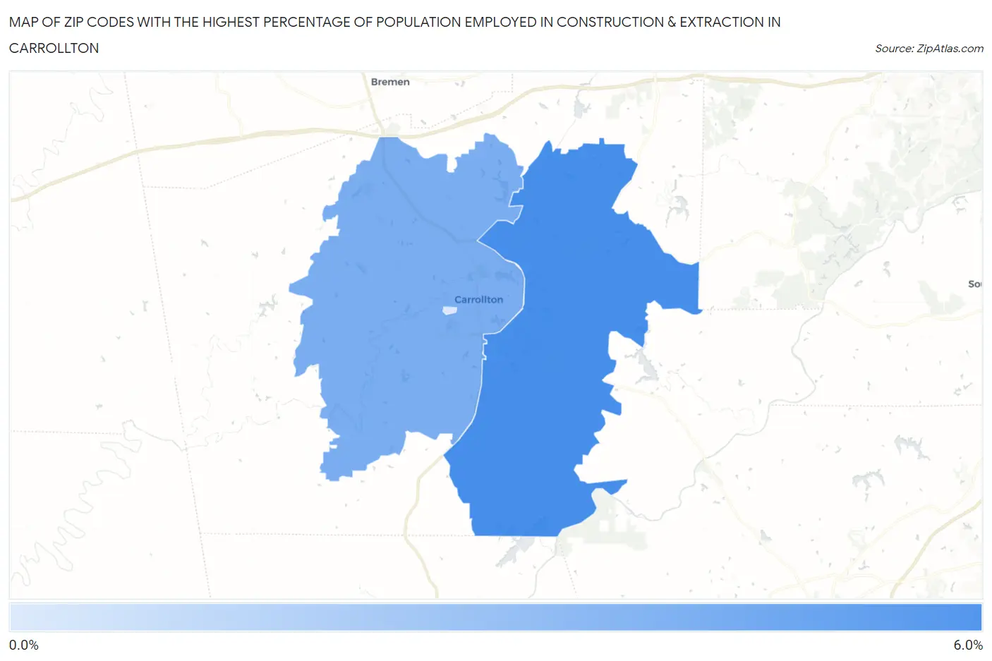Zip Codes with the Highest Percentage of Population Employed in Construction & Extraction in Carrollton Map