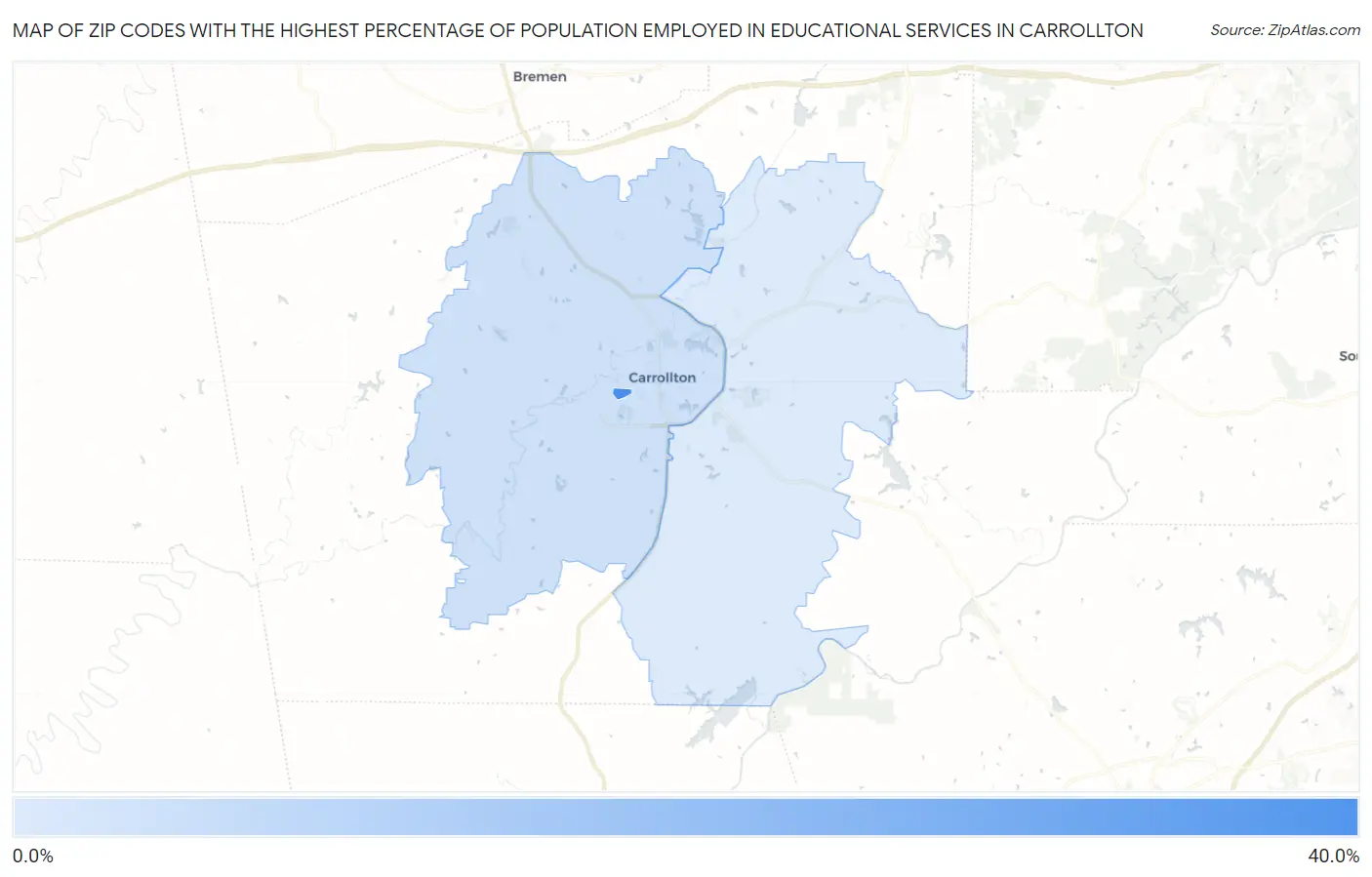 Zip Codes with the Highest Percentage of Population Employed in Educational Services in Carrollton Map