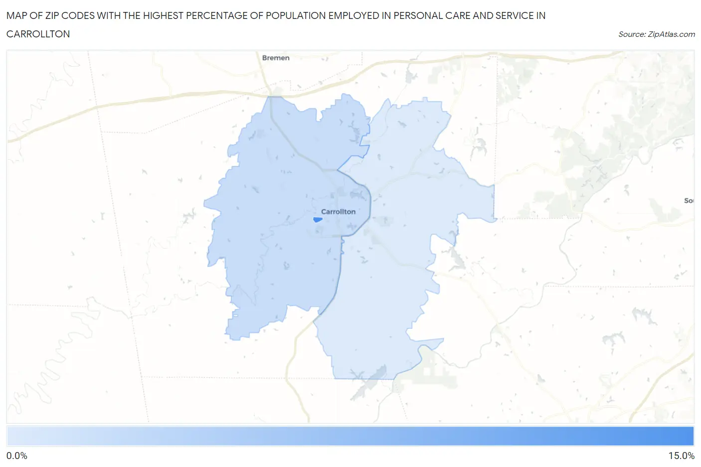 Zip Codes with the Highest Percentage of Population Employed in Personal Care and Service in Carrollton Map