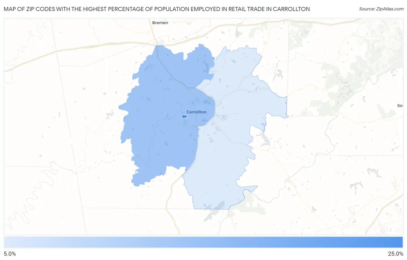 Zip Codes with the Highest Percentage of Population Employed in Retail Trade in Carrollton Map