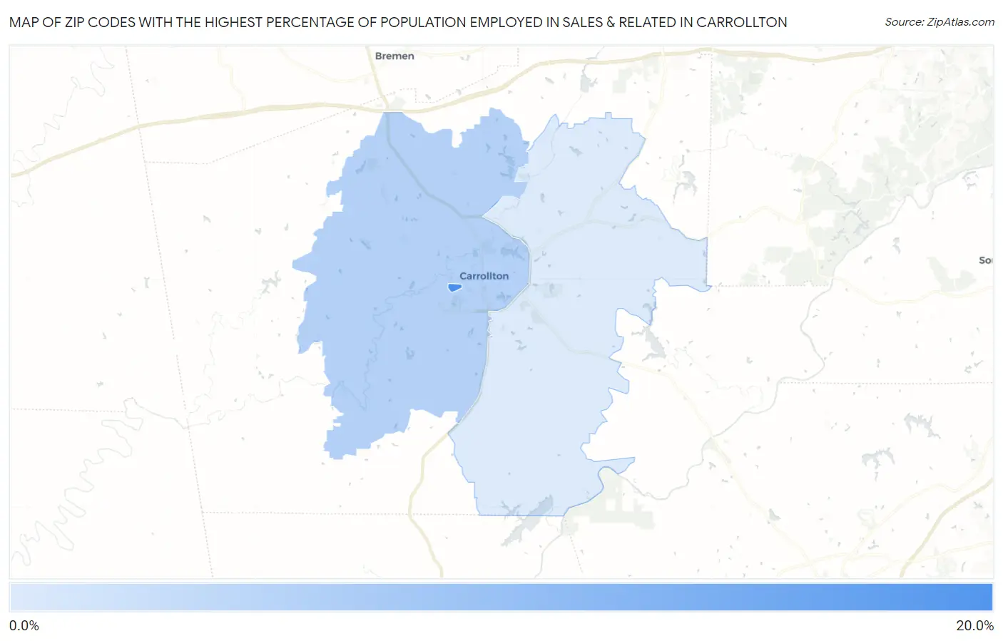 Zip Codes with the Highest Percentage of Population Employed in Sales & Related in Carrollton Map