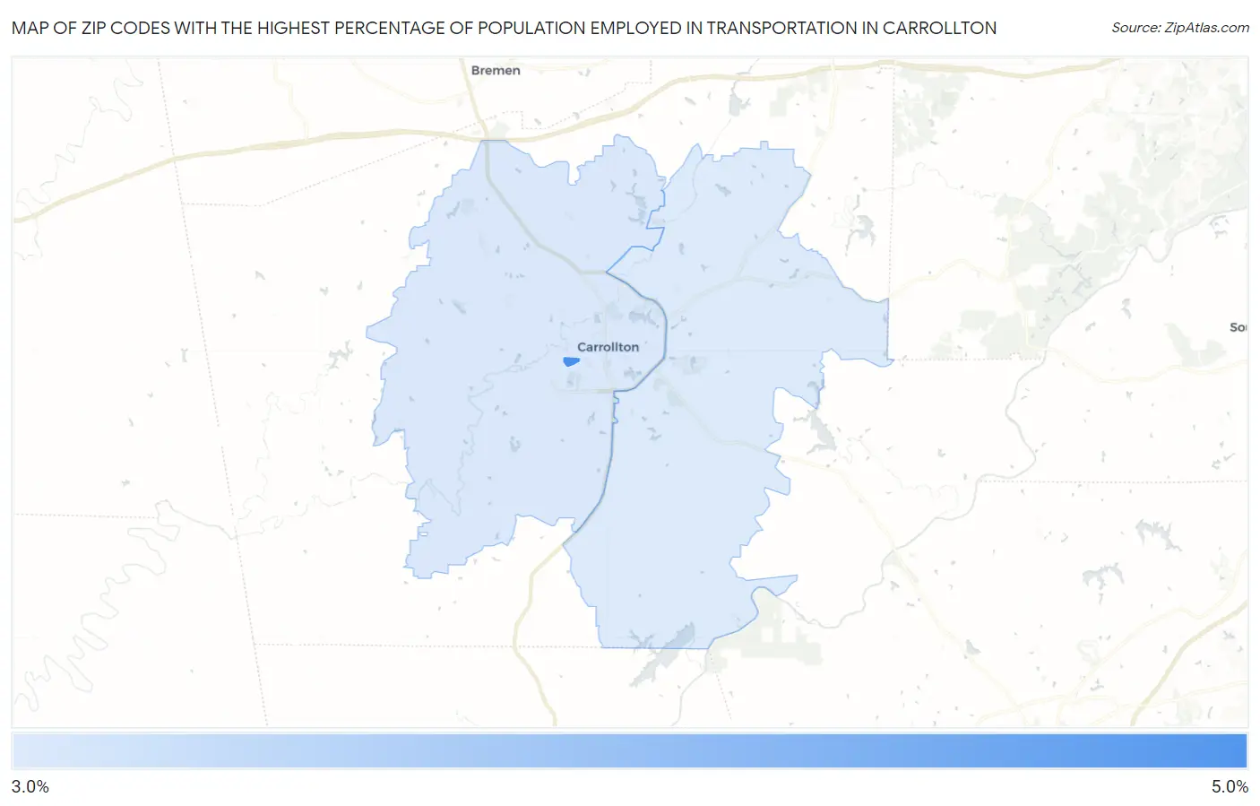 Zip Codes with the Highest Percentage of Population Employed in Transportation in Carrollton Map