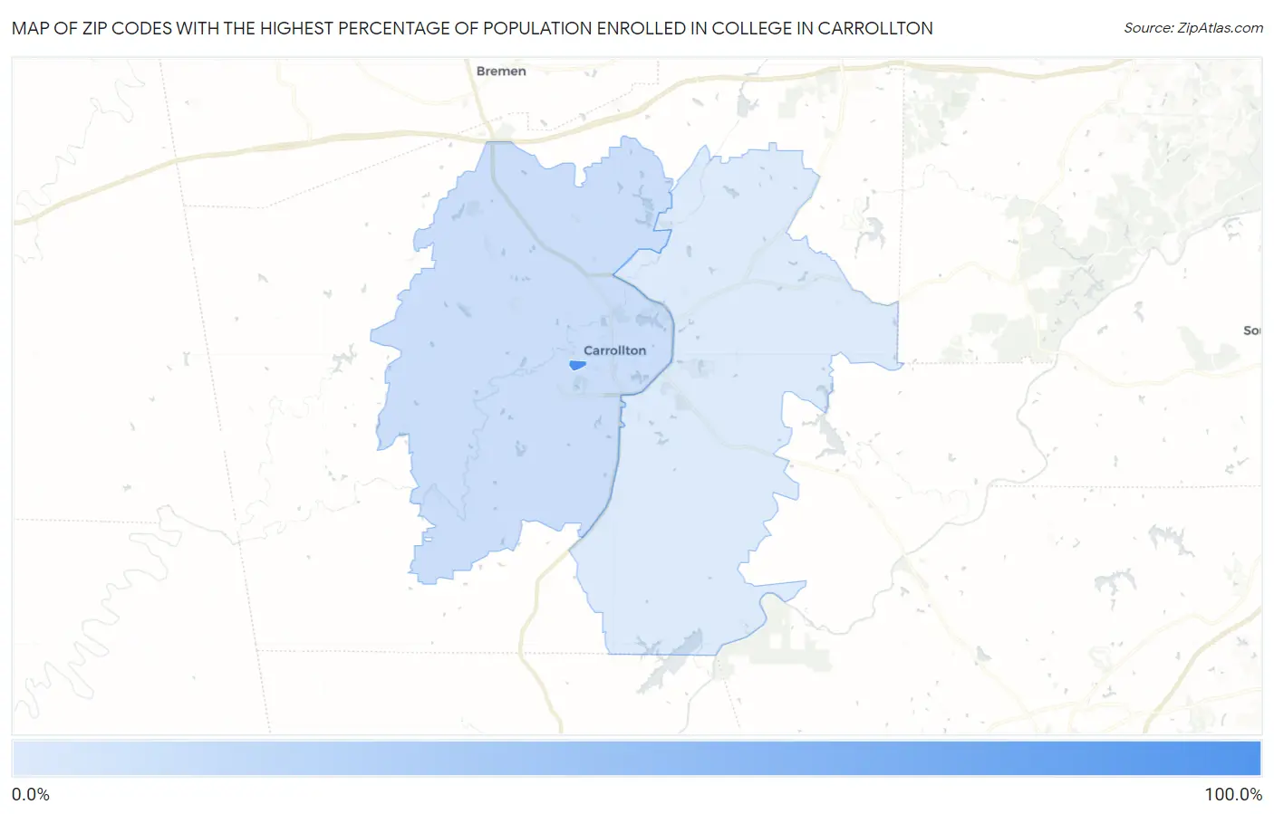 Zip Codes with the Highest Percentage of Population Enrolled in College in Carrollton Map