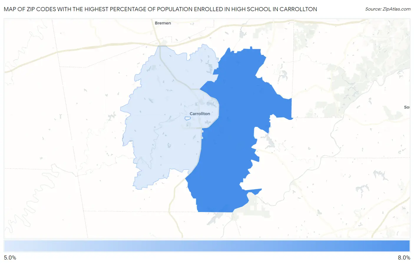 Zip Codes with the Highest Percentage of Population Enrolled in High School in Carrollton Map