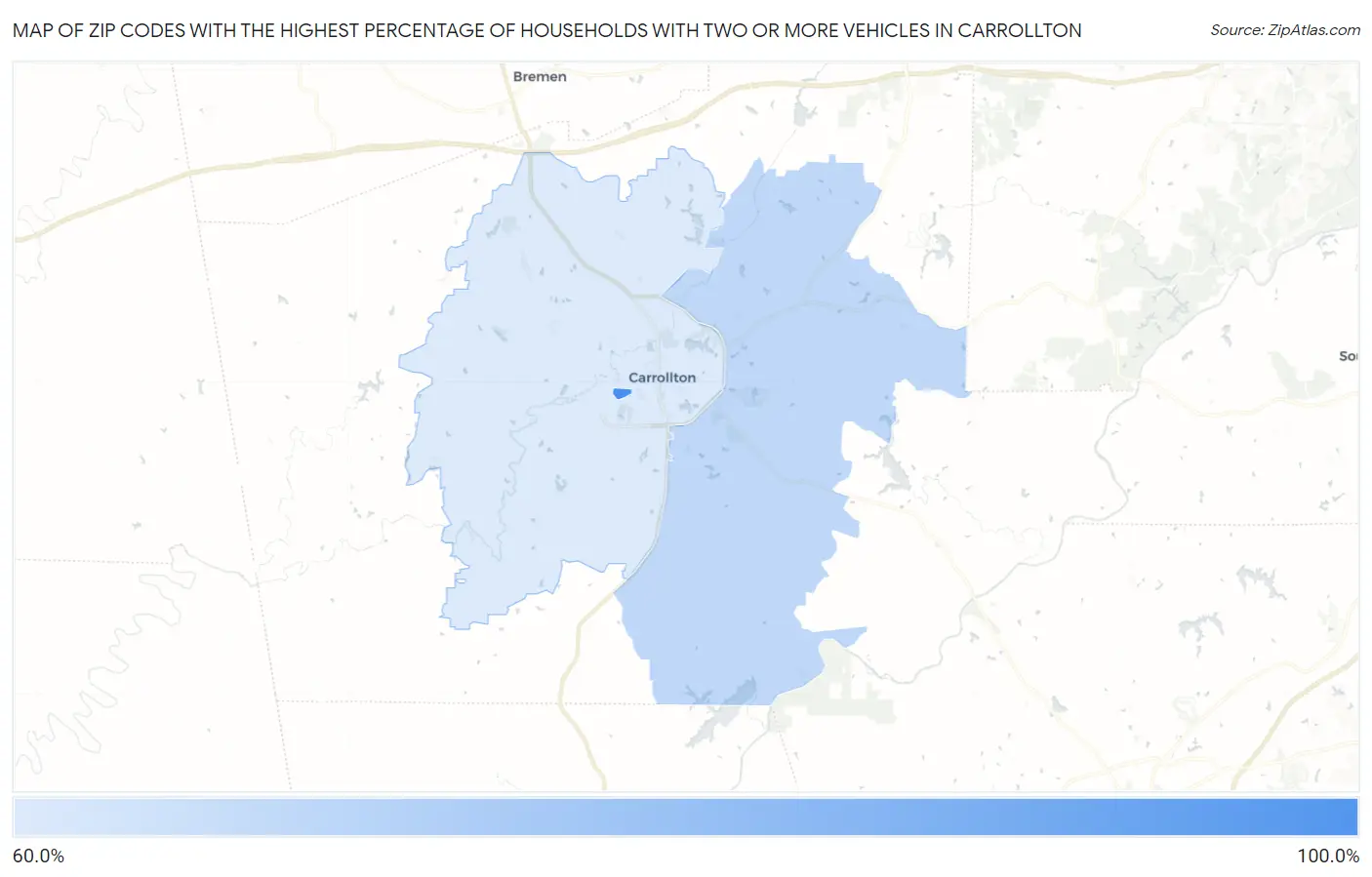 Zip Codes with the Highest Percentage of Households With Two or more Vehicles in Carrollton Map