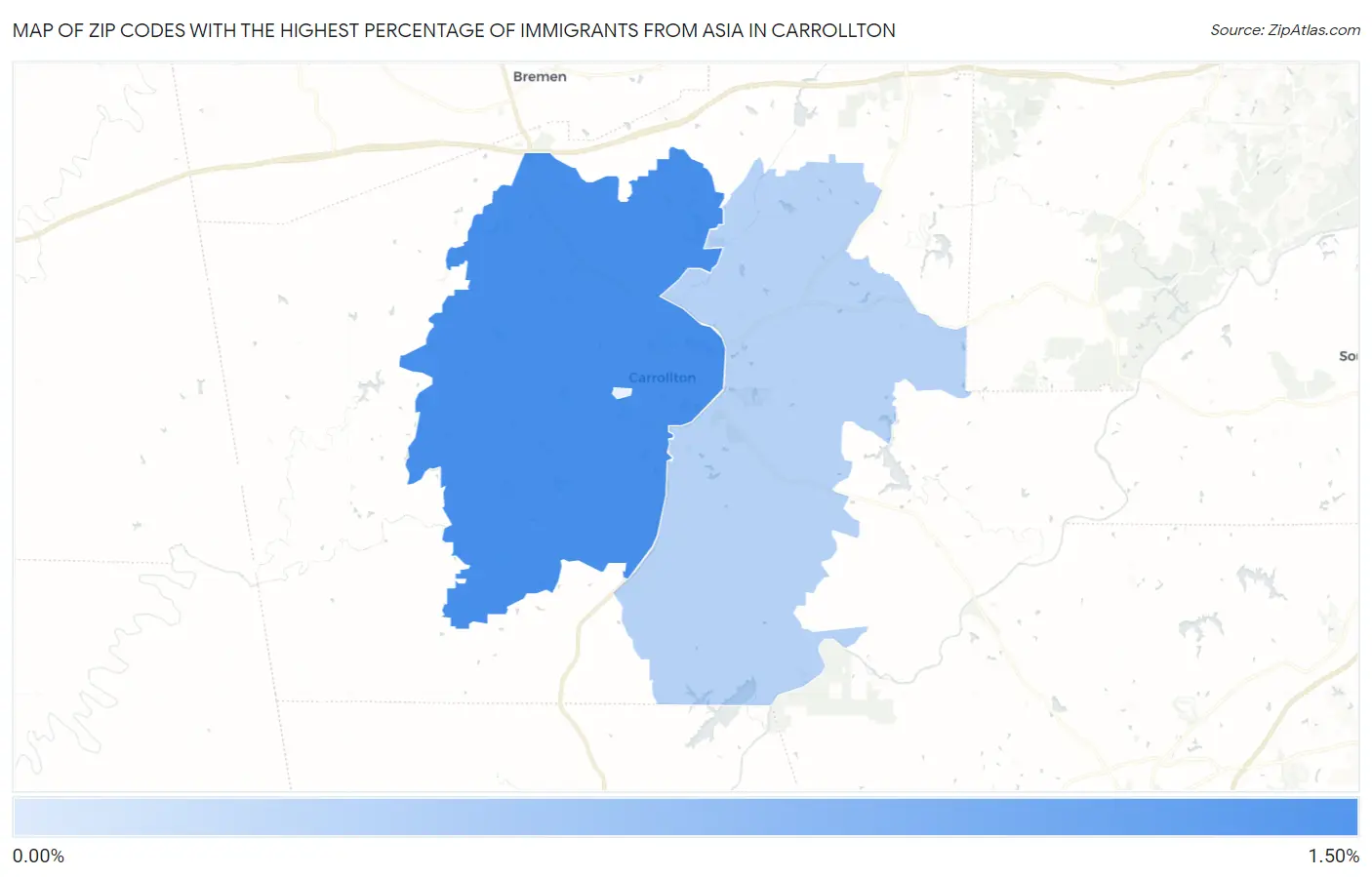 Zip Codes with the Highest Percentage of Immigrants from Asia in Carrollton Map