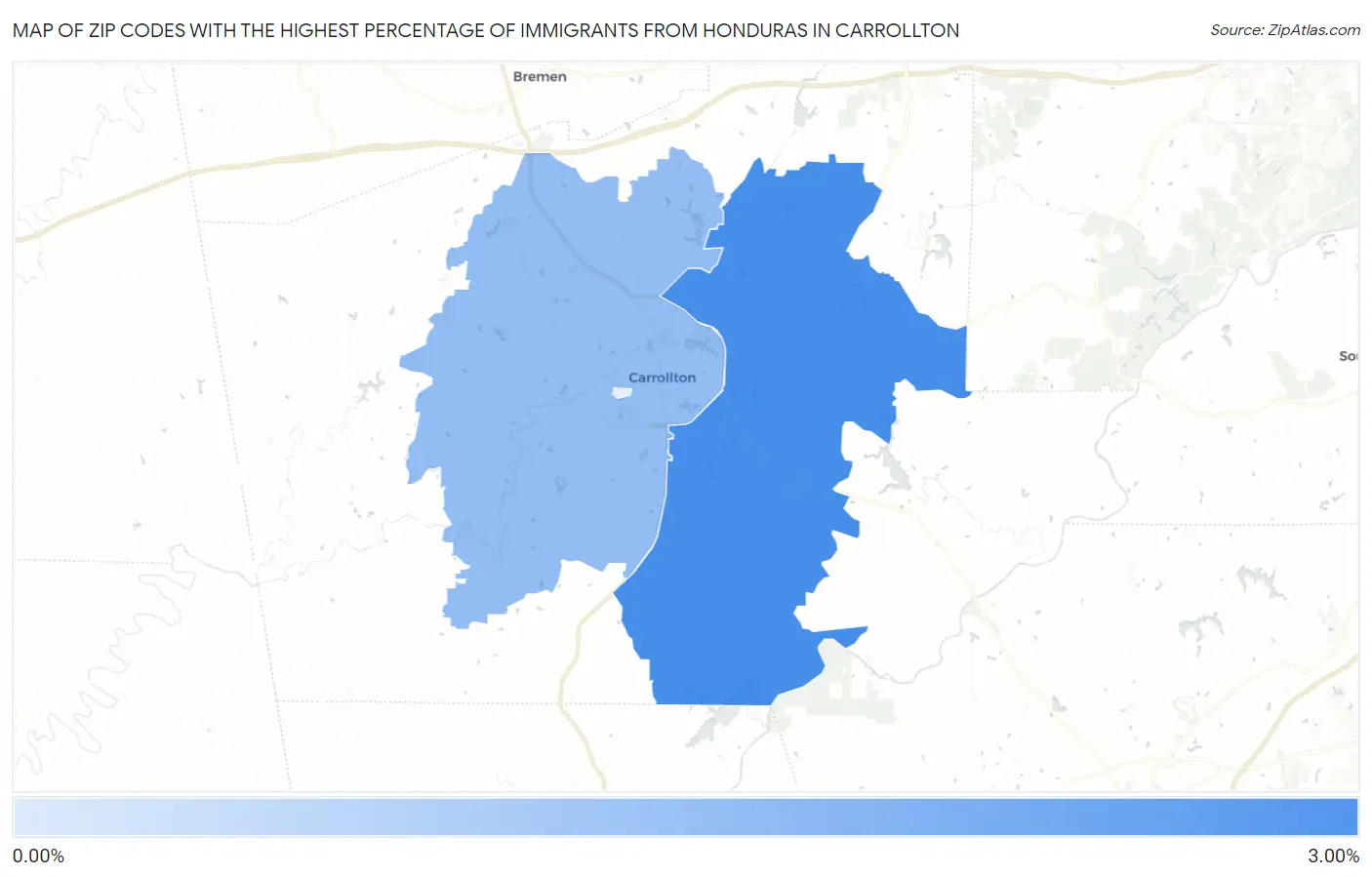 Zip Codes with the Highest Percentage of Immigrants from Honduras in Carrollton Map