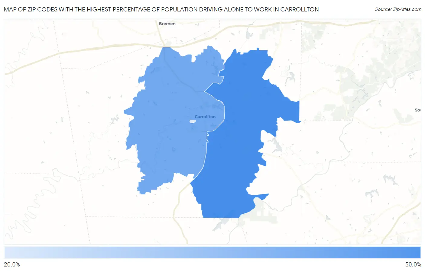 Zip Codes with the Highest Percentage of Population Driving Alone to Work in Carrollton Map