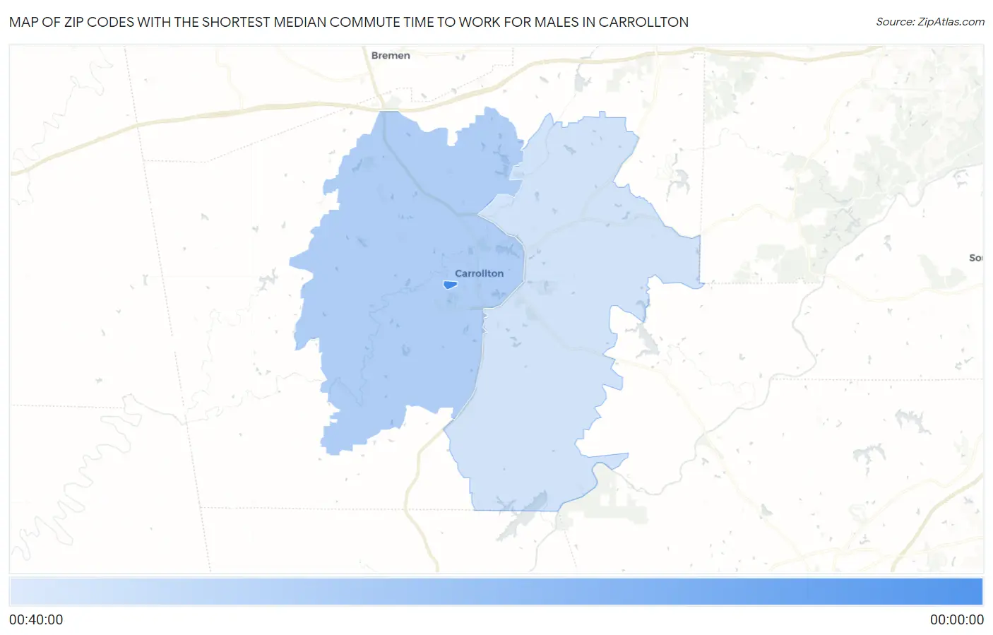Zip Codes with the Shortest Median Commute Time to Work for Males in Carrollton Map