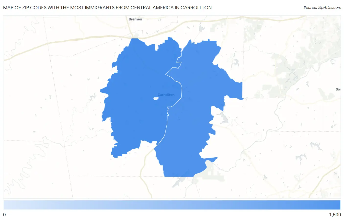 Zip Codes with the Most Immigrants from Central America in Carrollton Map