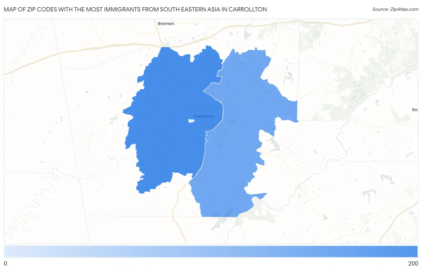 Zip Codes with the Most Immigrants from South Eastern Asia in Carrollton Map