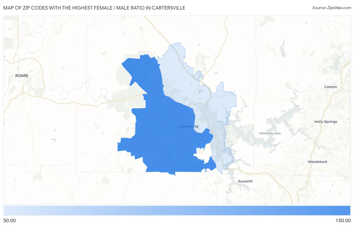 Zip Codes with the Highest Female / Male Ratio in Cartersville Map
