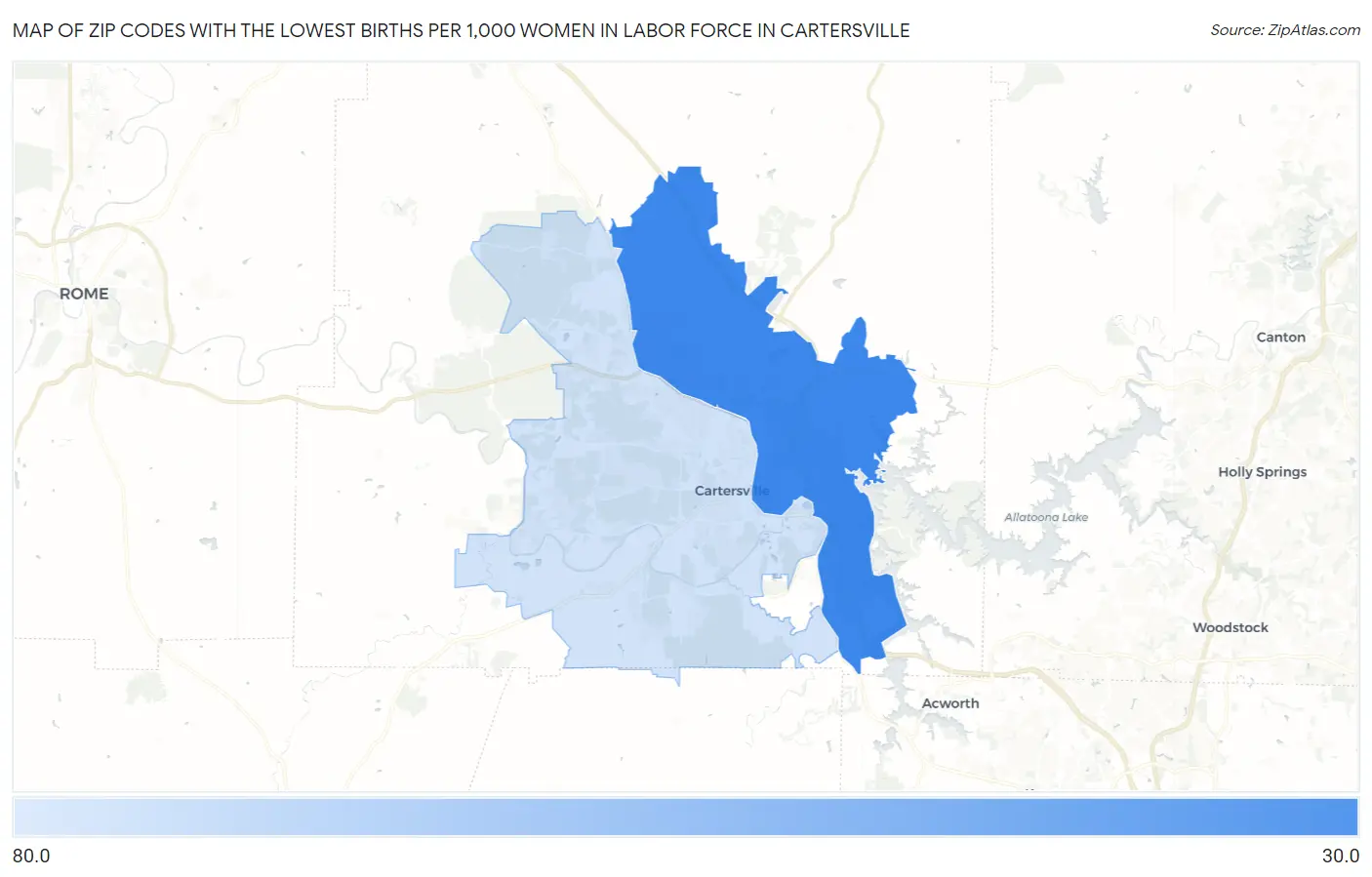Zip Codes with the Lowest Births per 1,000 Women in Labor Force in Cartersville Map