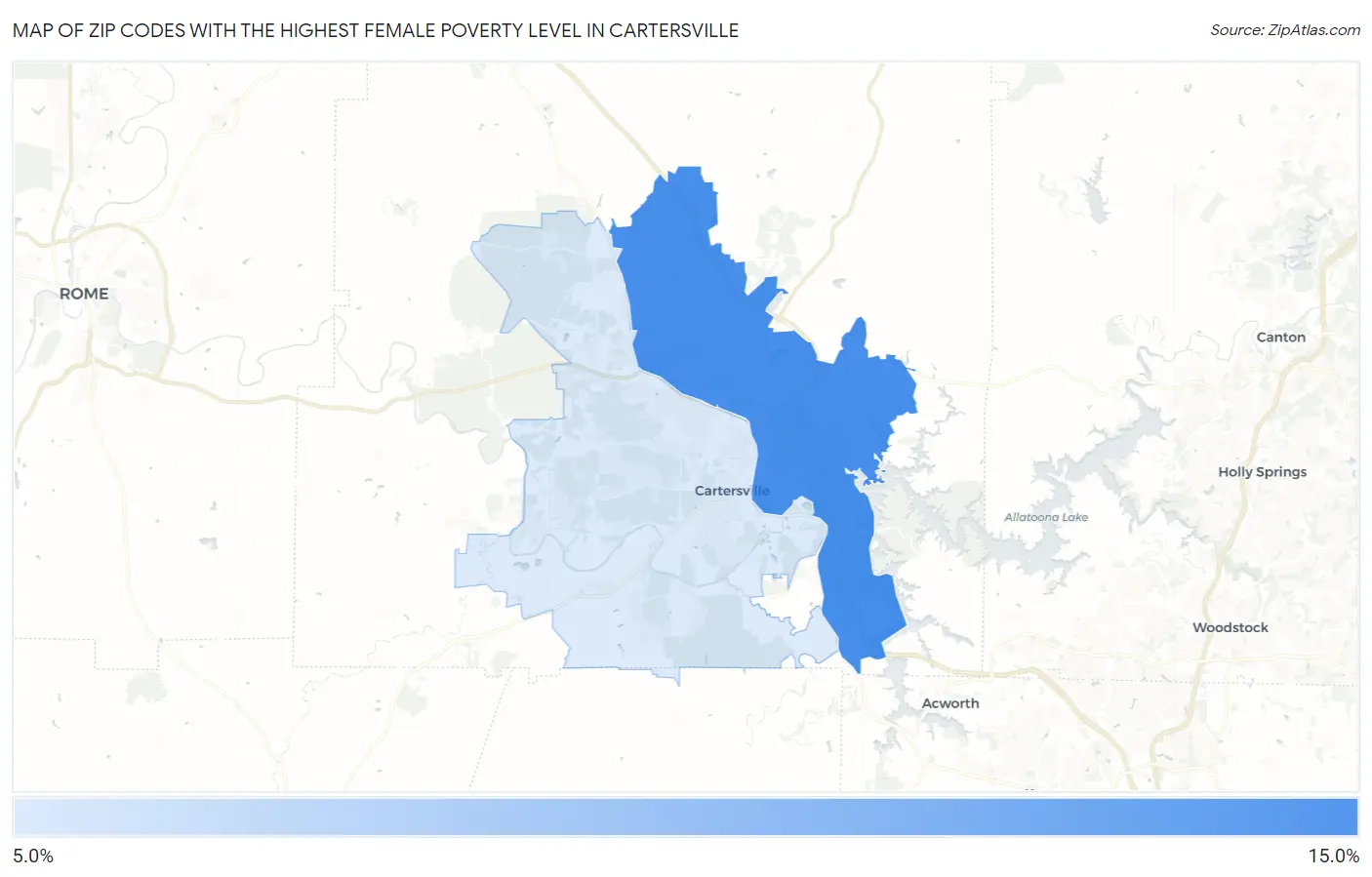 Zip Codes with the Highest Female Poverty Level in Cartersville Map