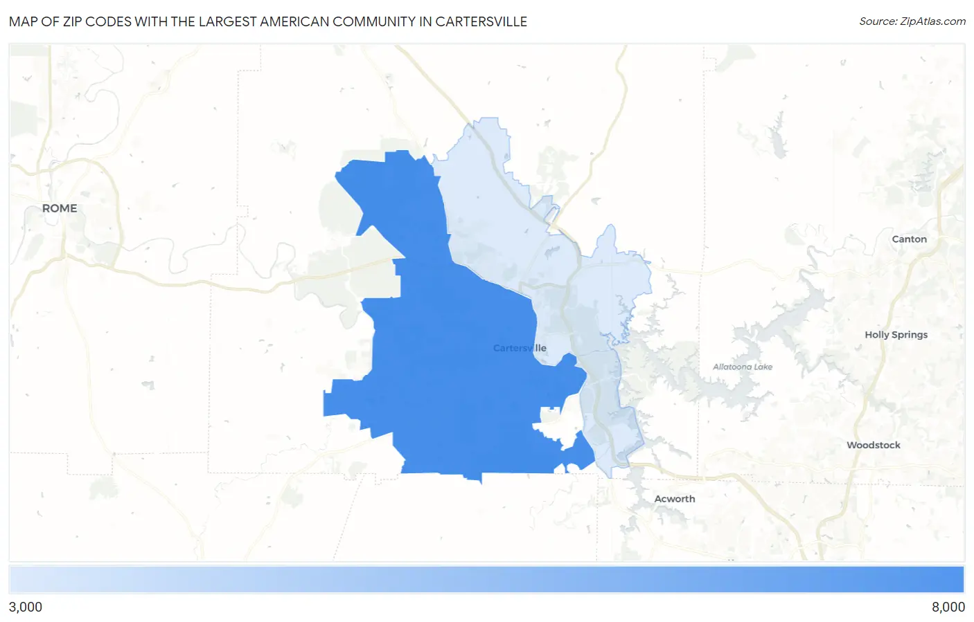 Zip Codes with the Largest American Community in Cartersville Map