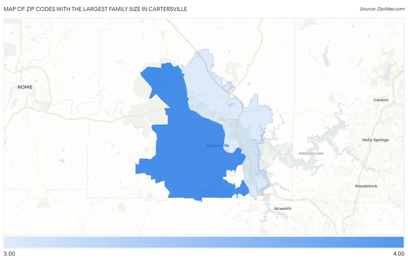 Zip Codes with the Largest Family Size in Cartersville Map