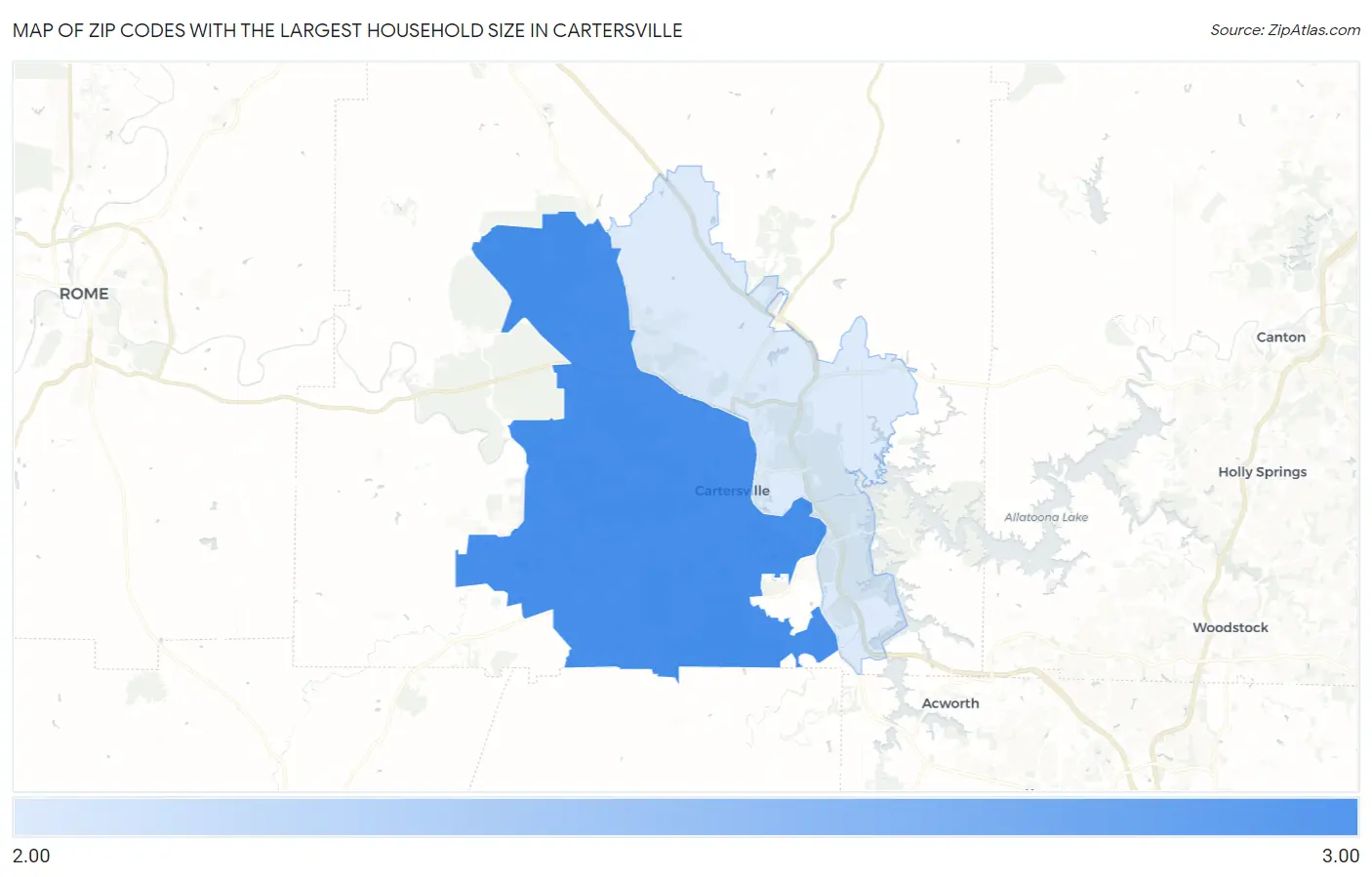 Zip Codes with the Largest Household Size in Cartersville Map
