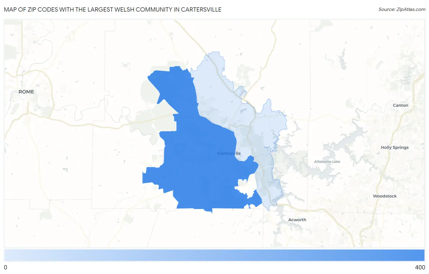 Zip Codes with the Largest Welsh Community in Cartersville Map