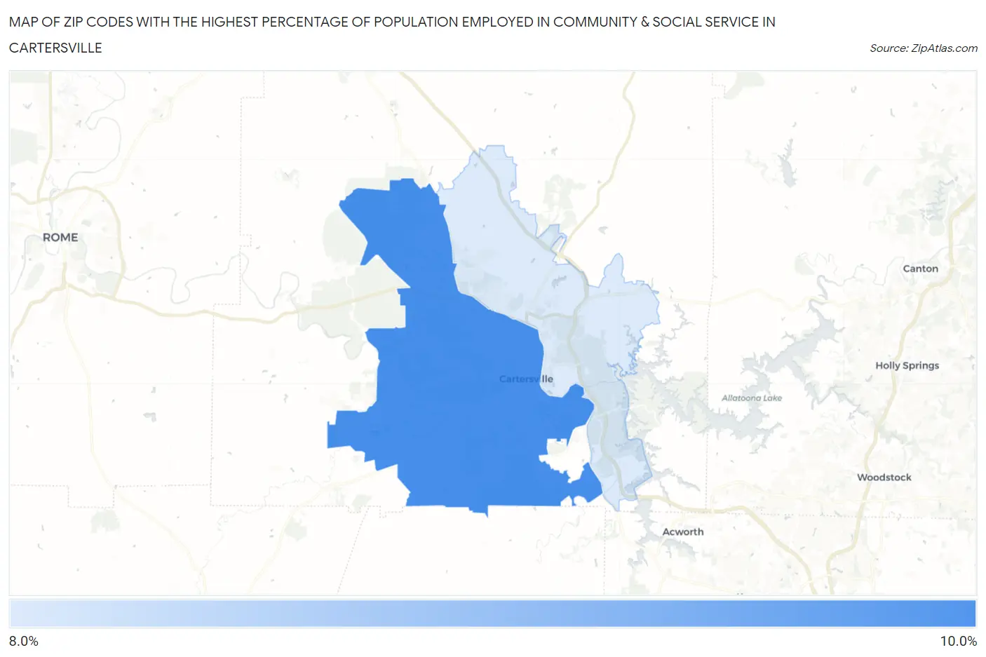 Zip Codes with the Highest Percentage of Population Employed in Community & Social Service  in Cartersville Map