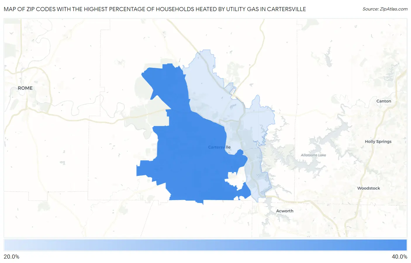 Zip Codes with the Highest Percentage of Households Heated by Utility Gas in Cartersville Map