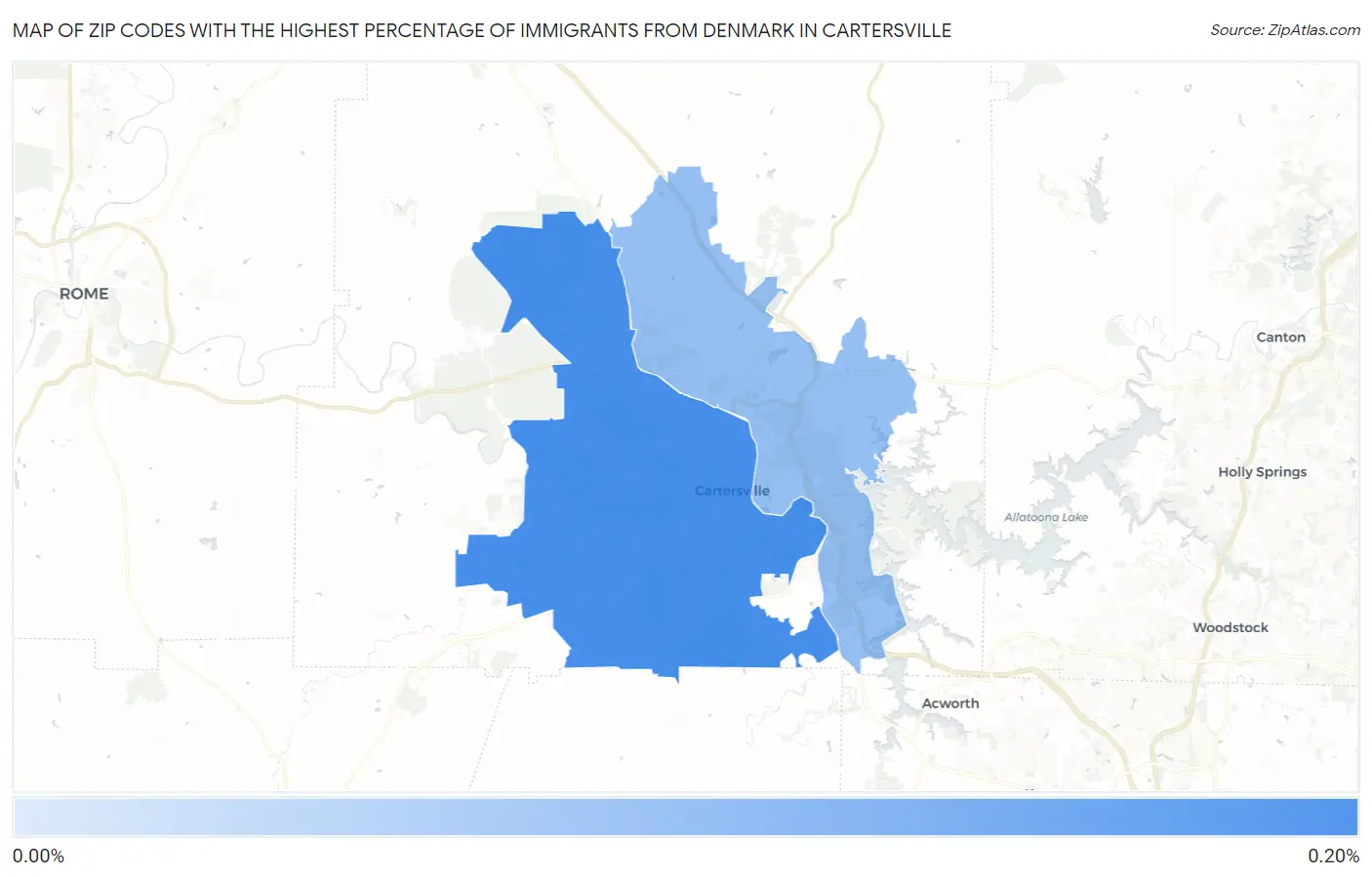 Zip Codes with the Highest Percentage of Immigrants from Denmark in Cartersville Map