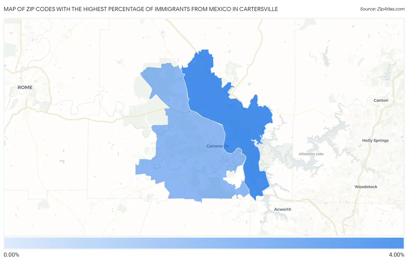 Zip Codes with the Highest Percentage of Immigrants from Mexico in Cartersville Map