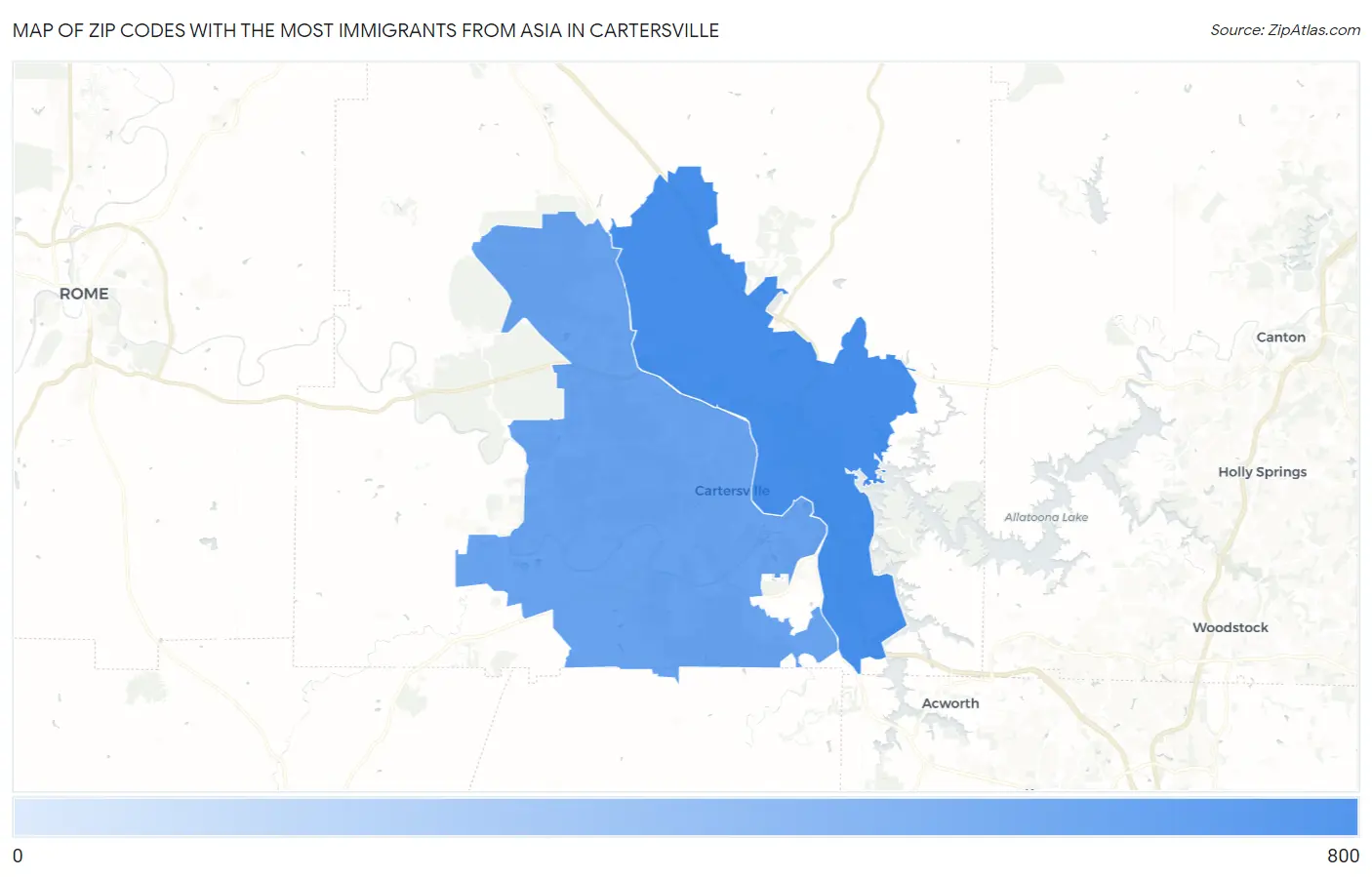 Zip Codes with the Most Immigrants from Asia in Cartersville Map