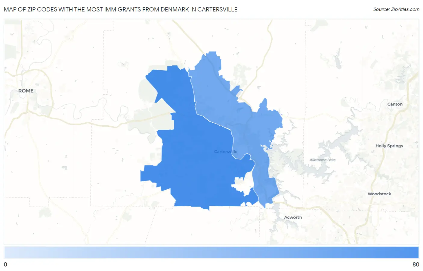Zip Codes with the Most Immigrants from Denmark in Cartersville Map