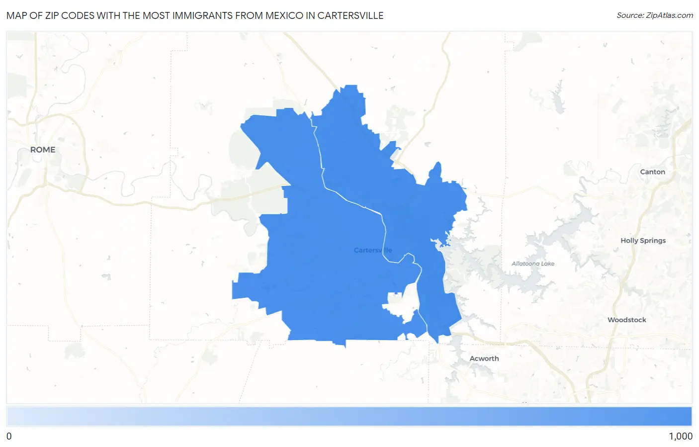 Zip Codes with the Most Immigrants from Mexico in Cartersville Map