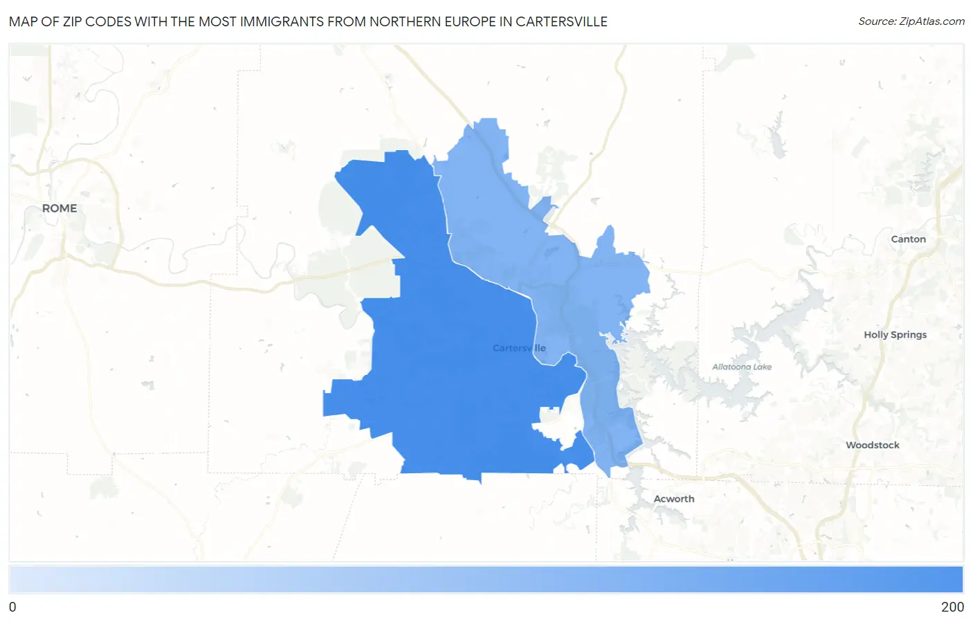 Zip Codes with the Most Immigrants from Northern Europe in Cartersville Map